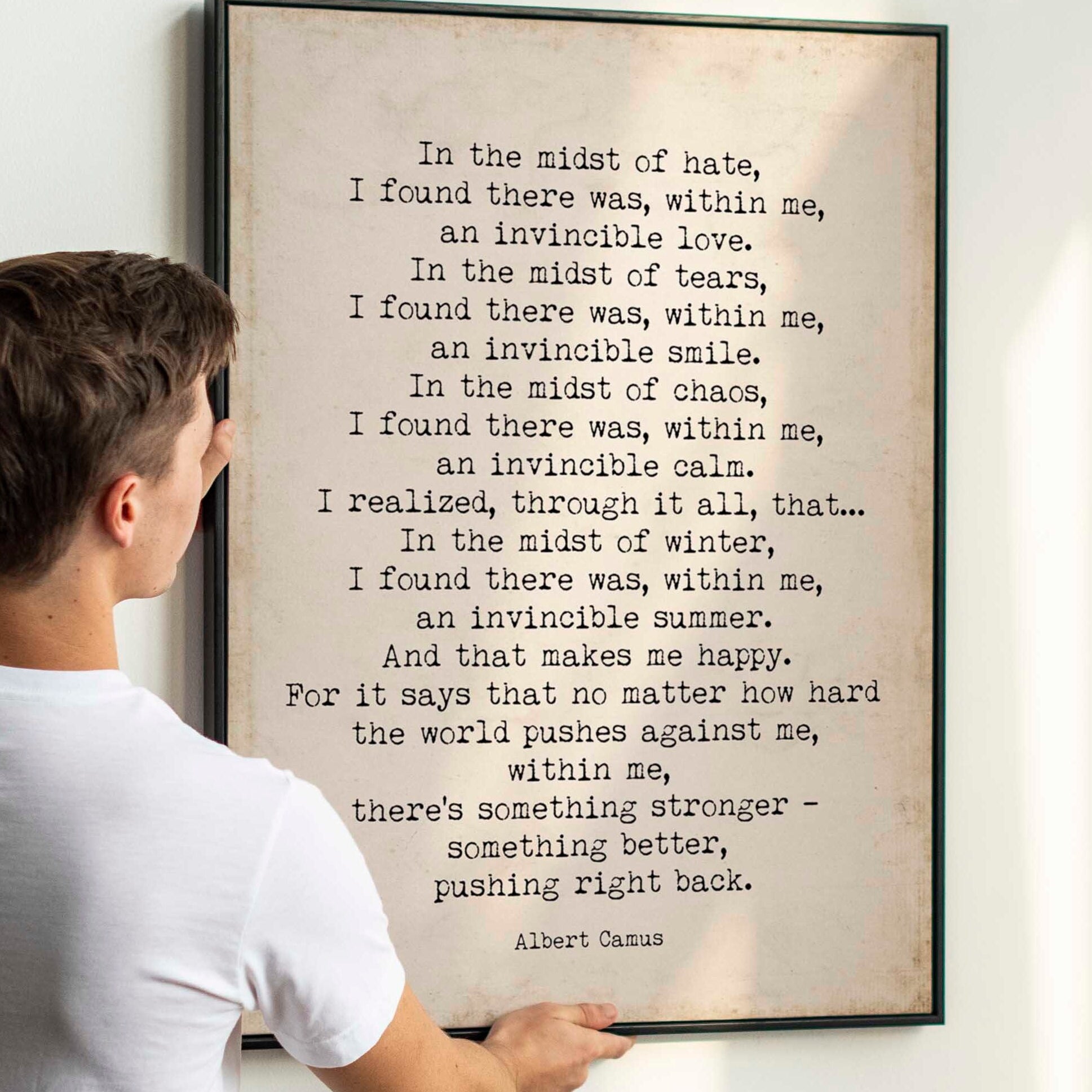 Albert Camus Invincible Summer Print - Vintage Page Background, FRAMED and UNFRAMED OPTIONS