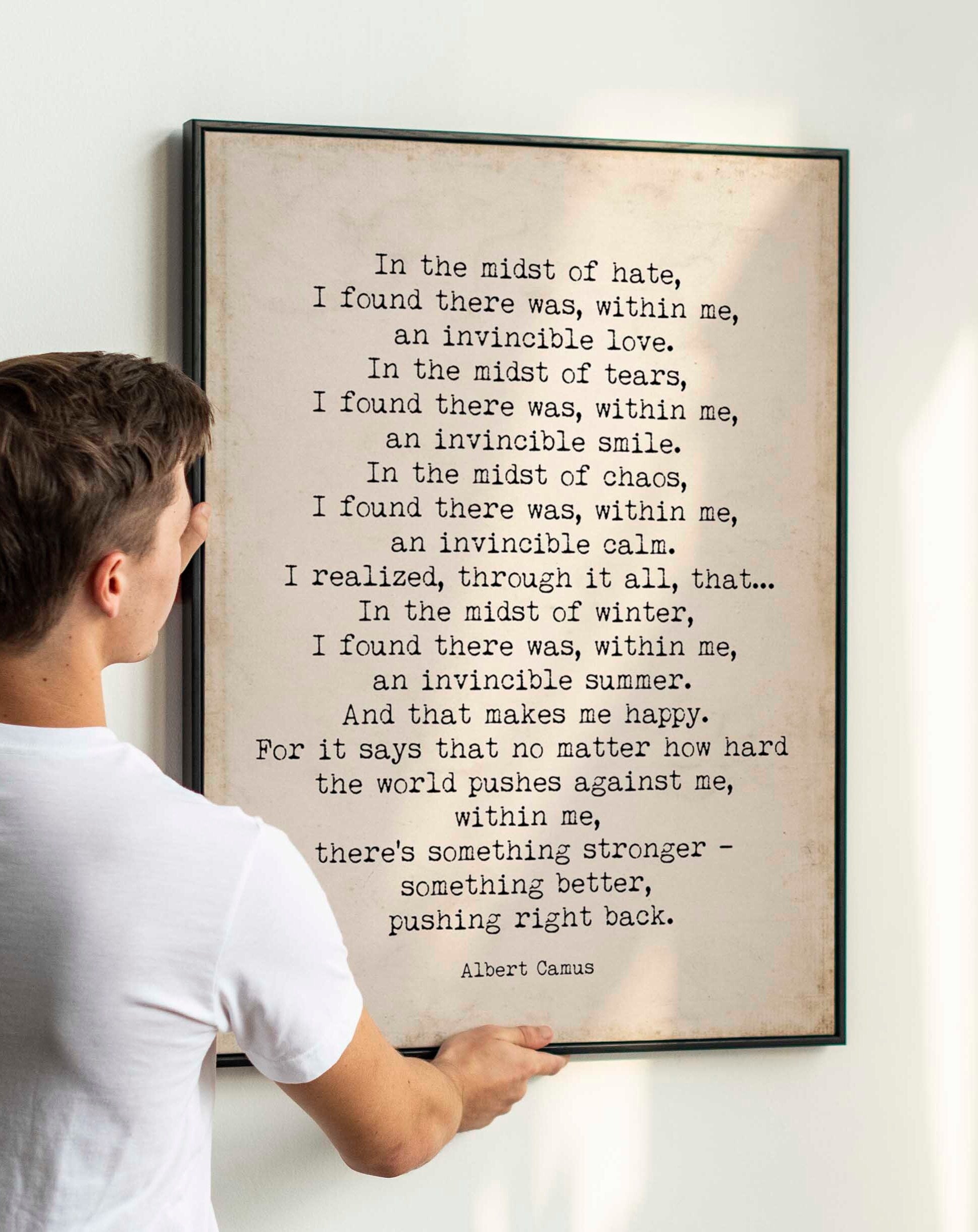 Albert Camus Invincible Summer Print - Vintage Page Background, FRAMED and UNFRAMED OPTIONS
