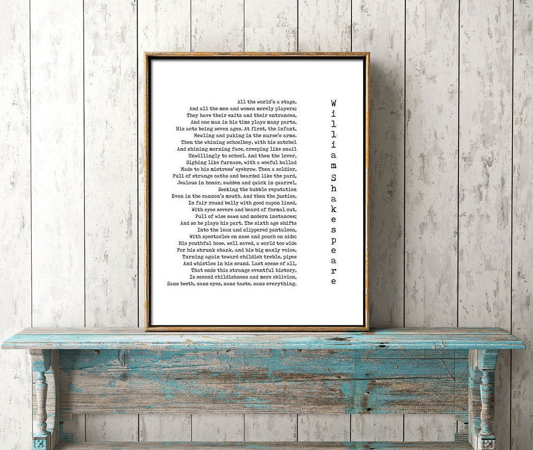 All The World's A Stage Shakespeare Print, As You Like It Literary Art Quote