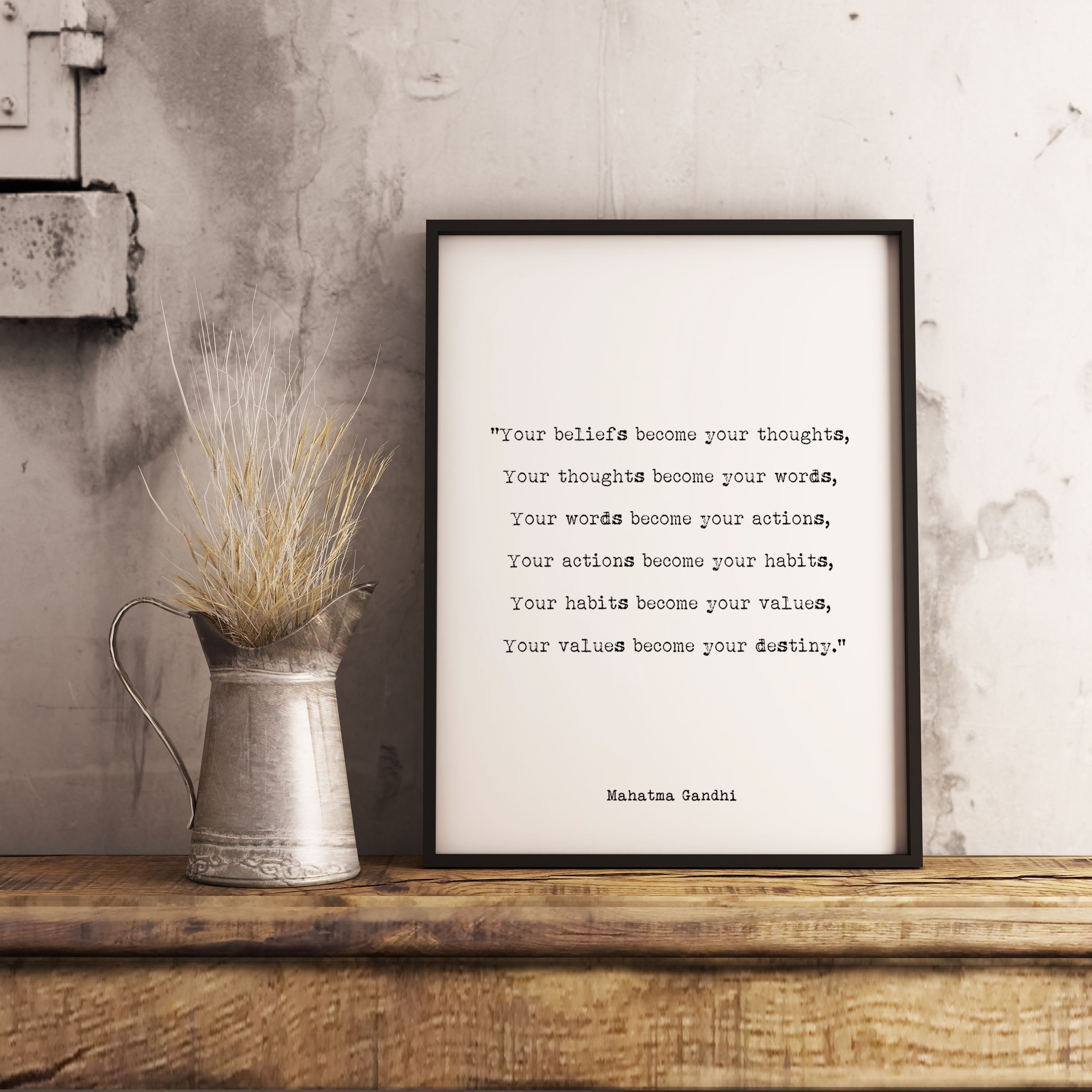 Mahatma Gandhi Your Beliefs Become Your Thoughts Quote Print, Life Quote Inspirational Print Black & White for Office Wall Art or Home Decor