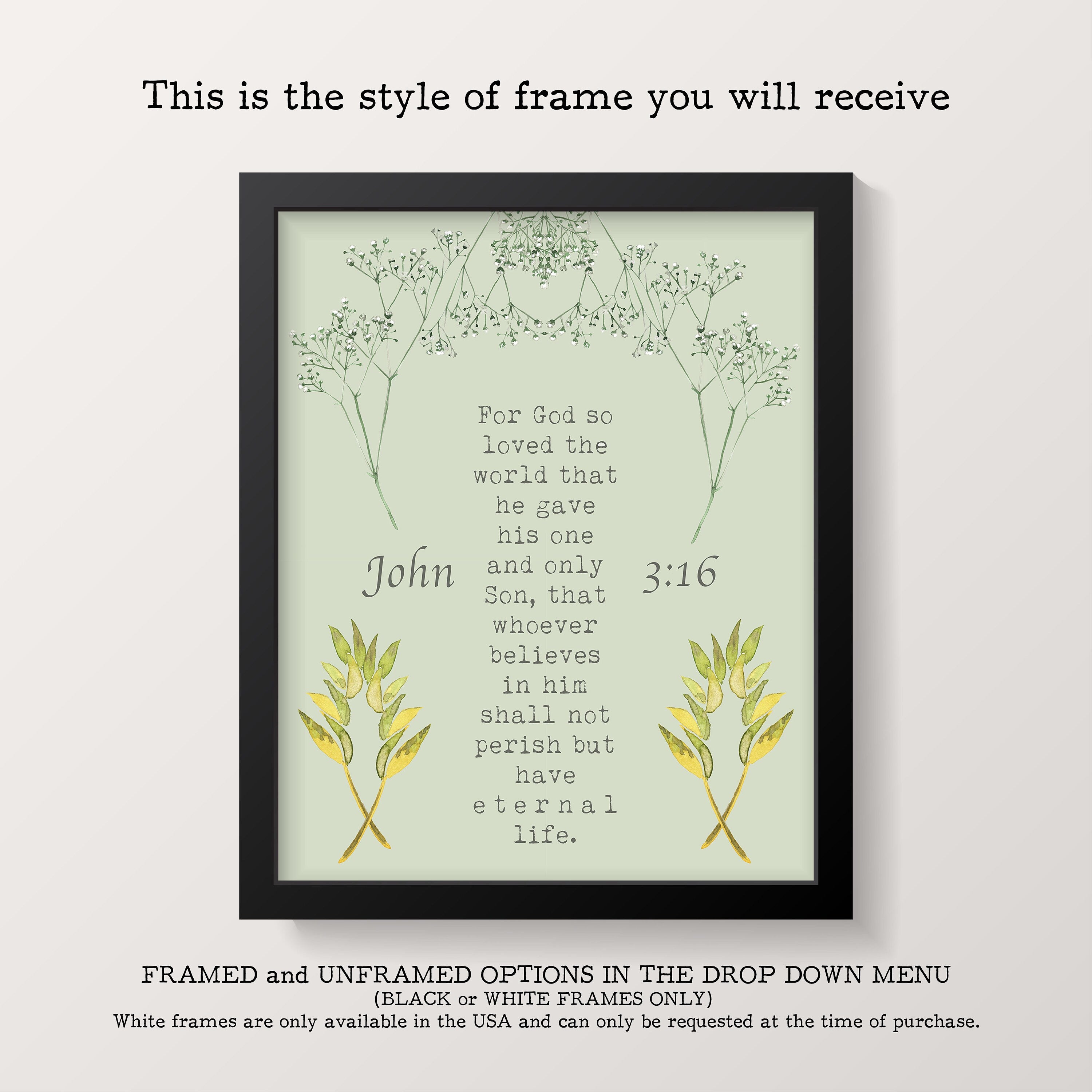 John 3:16 Bible Verse Print, For GOD So Loved The World Inspirational Gift Wall Art in Green, Black or White Scripture Christian Gift