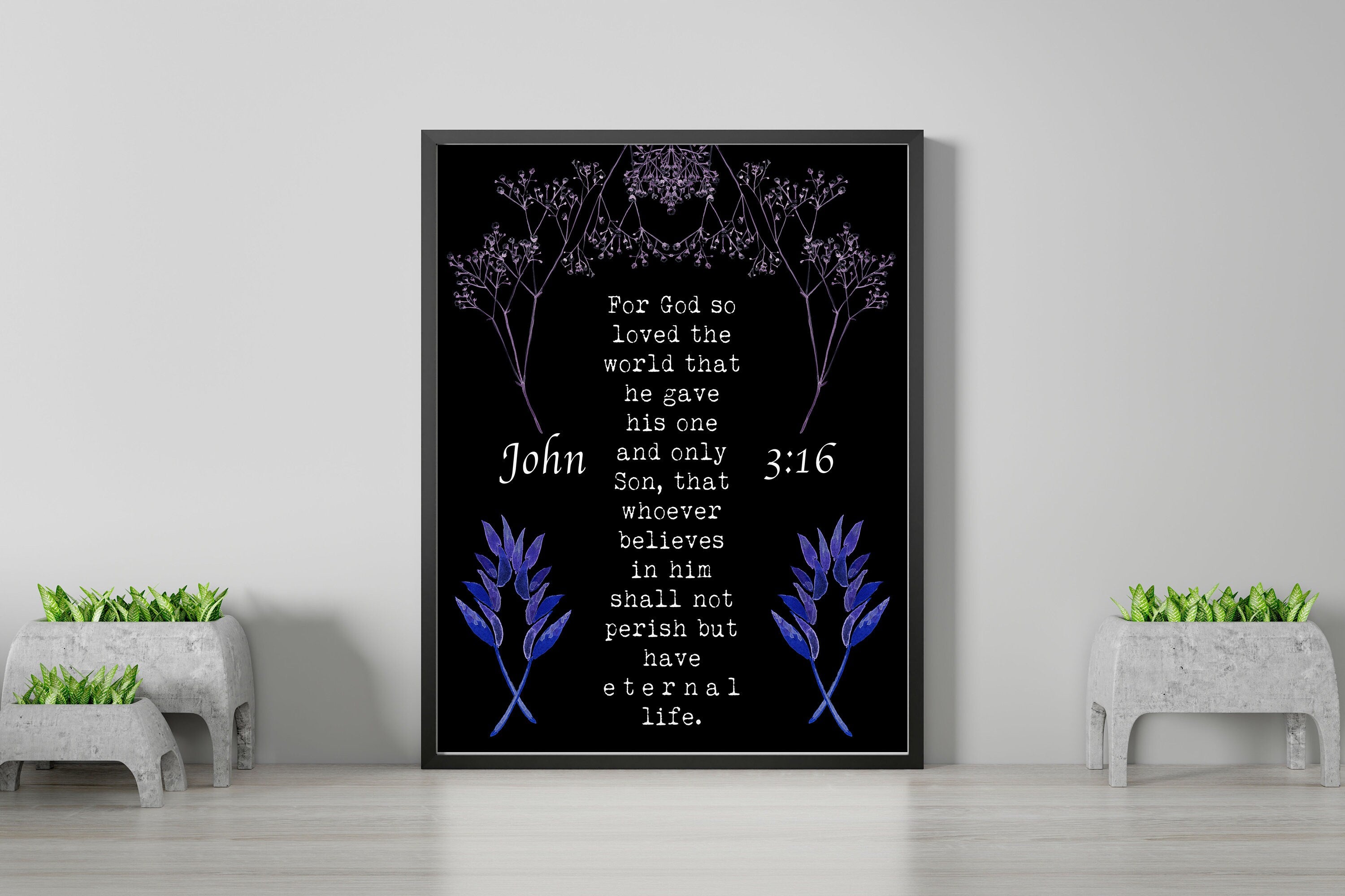 John 3:16 Bible Verse Print, For GOD So Loved The World Inspirational Gift Wall Art in Green, Black or White Scripture Christian Gift