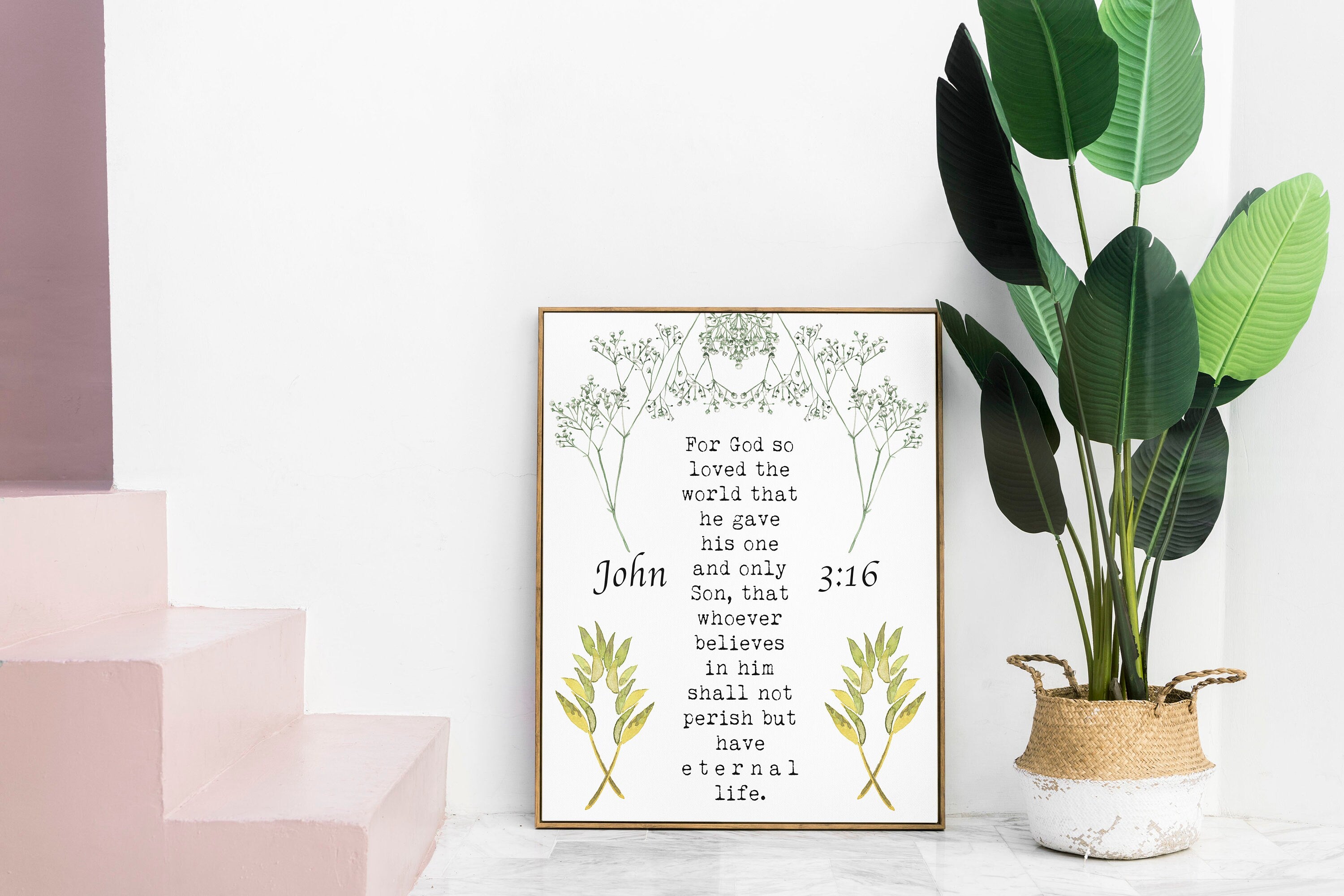 John 3:16 Bible Verse Print, For GOD So Loved The World Inspirational Gift Wall Art in Green, Black or White Scripture Christian Gift