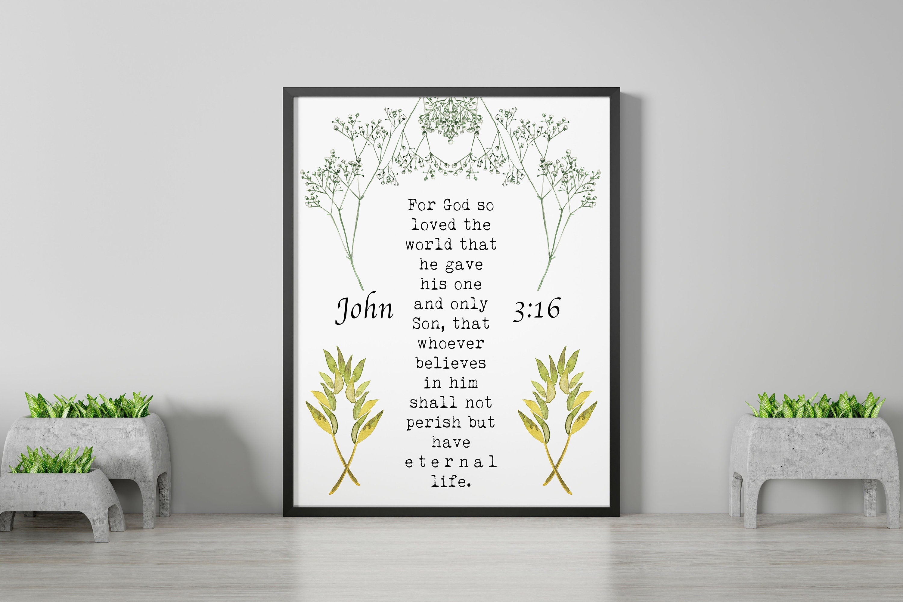 John 3:16 Bible Verse Print, For GOD So Loved The World Inspirational Gift Wall Art in Black & White, Scripture Art Unframed or Framed Art