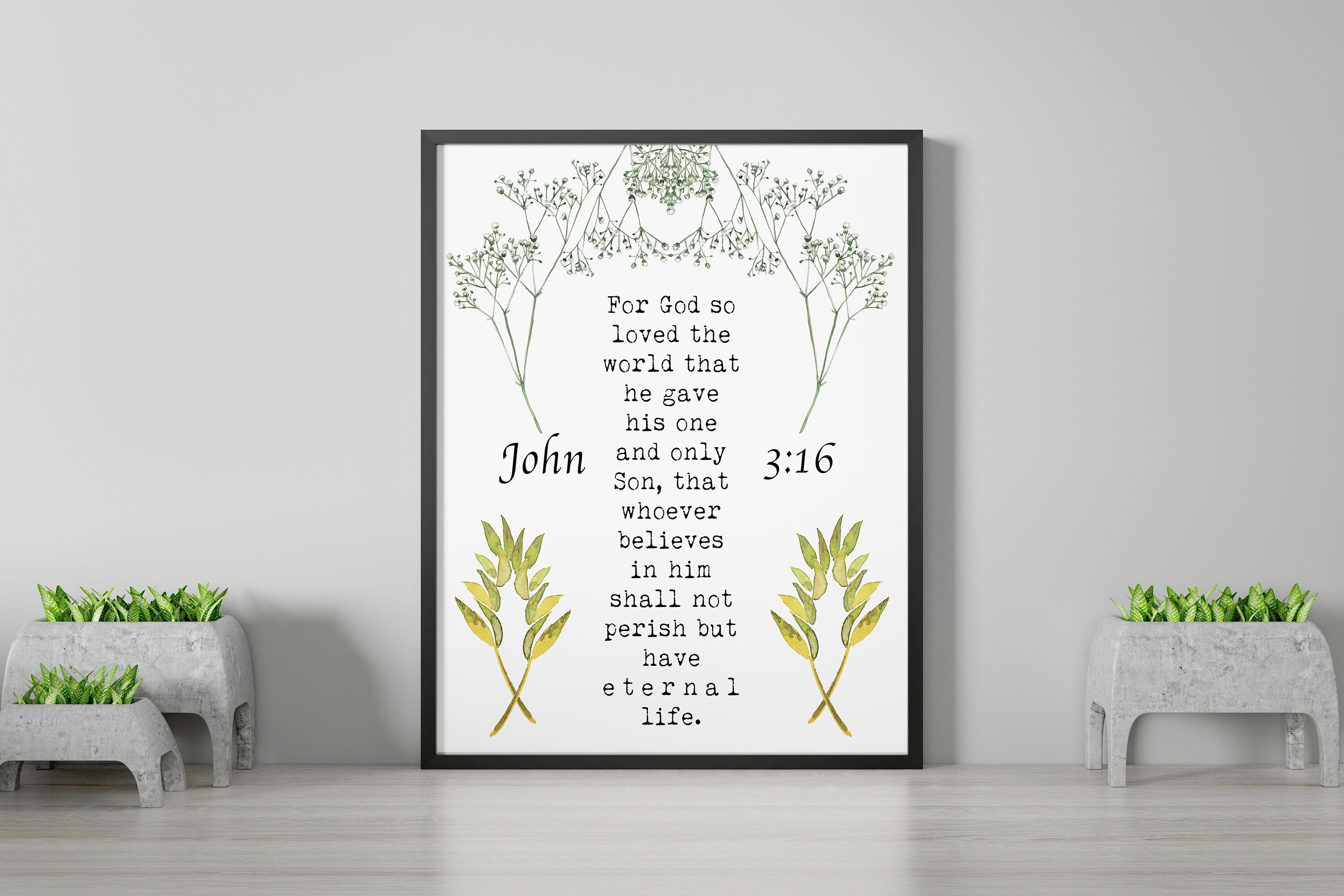 John 3:16 Bible Verse Print, For GOD So Loved The World Inspirational Gift Wall Art in Green, Black or White Scripture Christian Gift