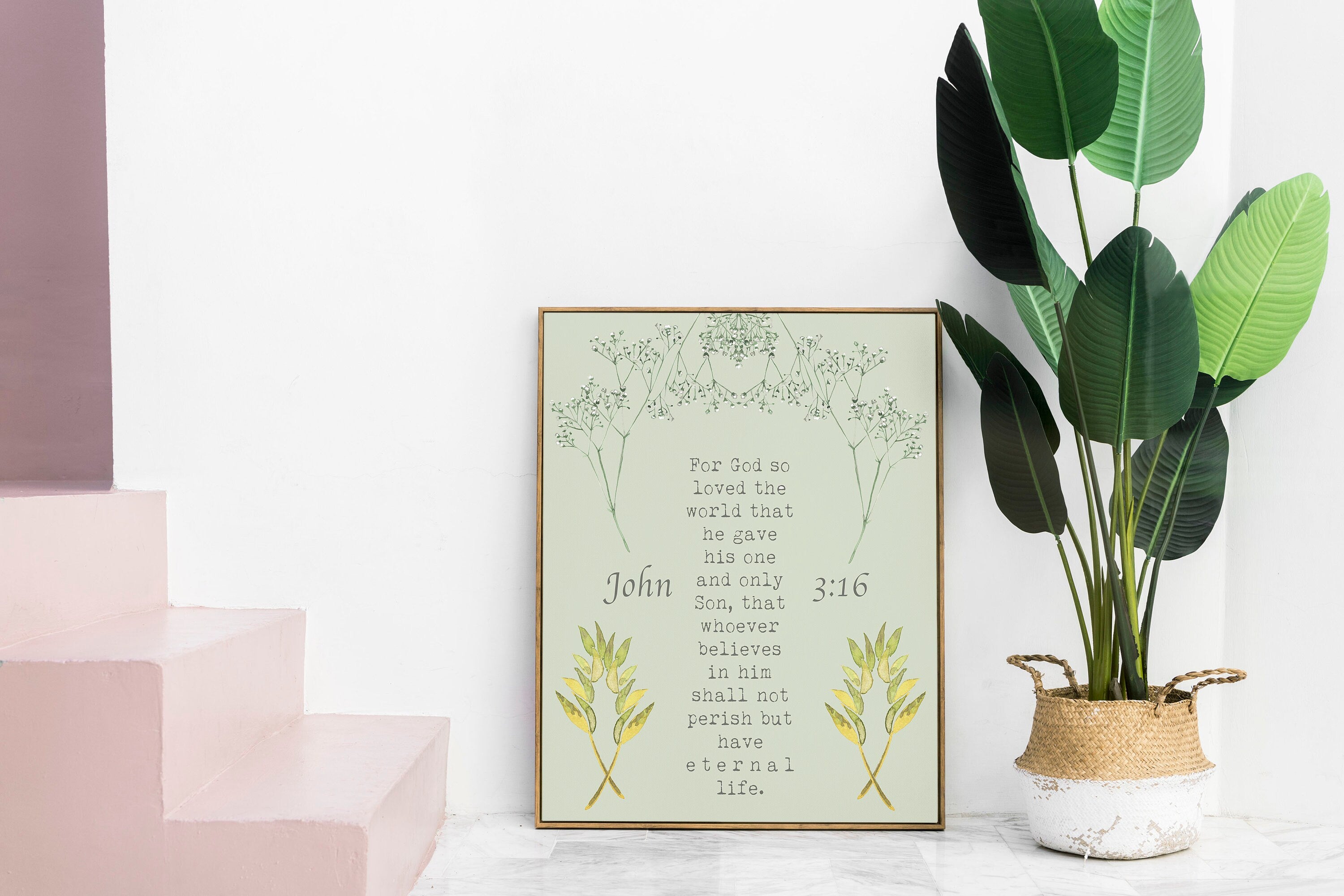 John 3:16 Bible Verse Print, For GOD So Loved The World Inspirational Gift Wall Art in Green, Black or White Scripture Christian Gift