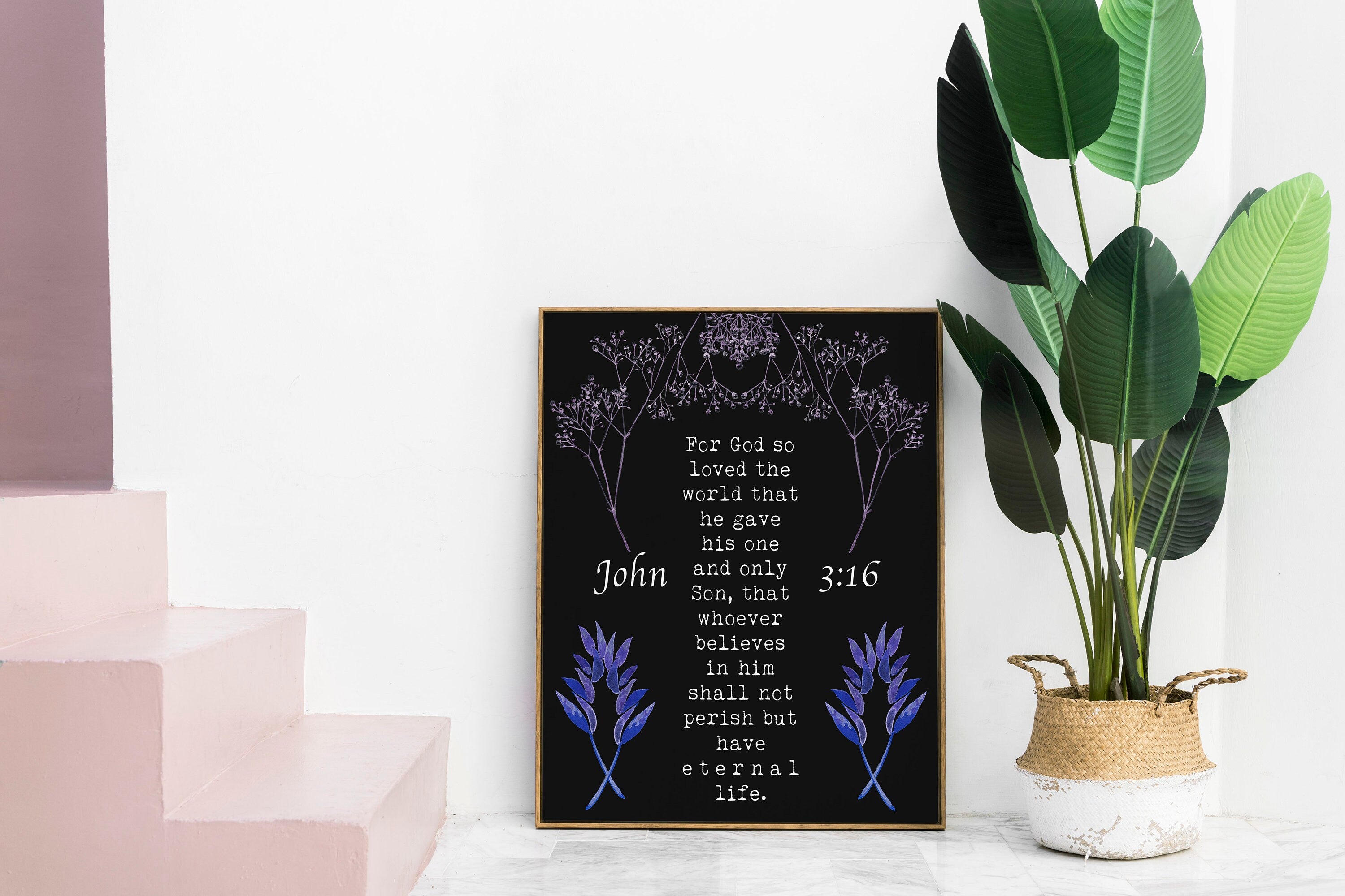 John 3:16 Bible Verse Print, For GOD So Loved The World Inspirational Gift Wall Art in Green, Black or White Scripture Christian Gift