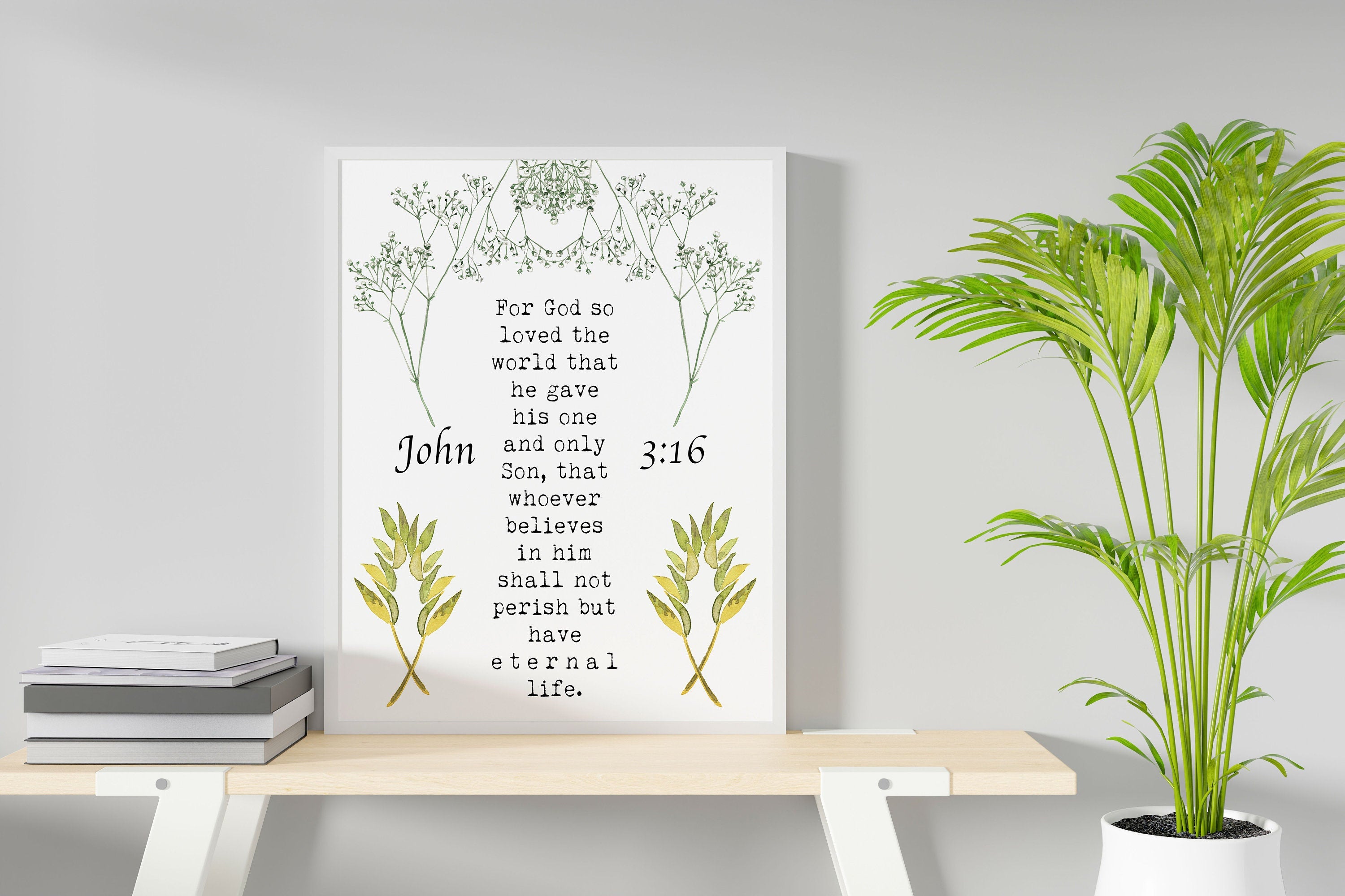 John 3:16 Bible Verse Print, For GOD So Loved The World Inspirational Gift Wall Art in Green, Black or White Scripture Christian Gift