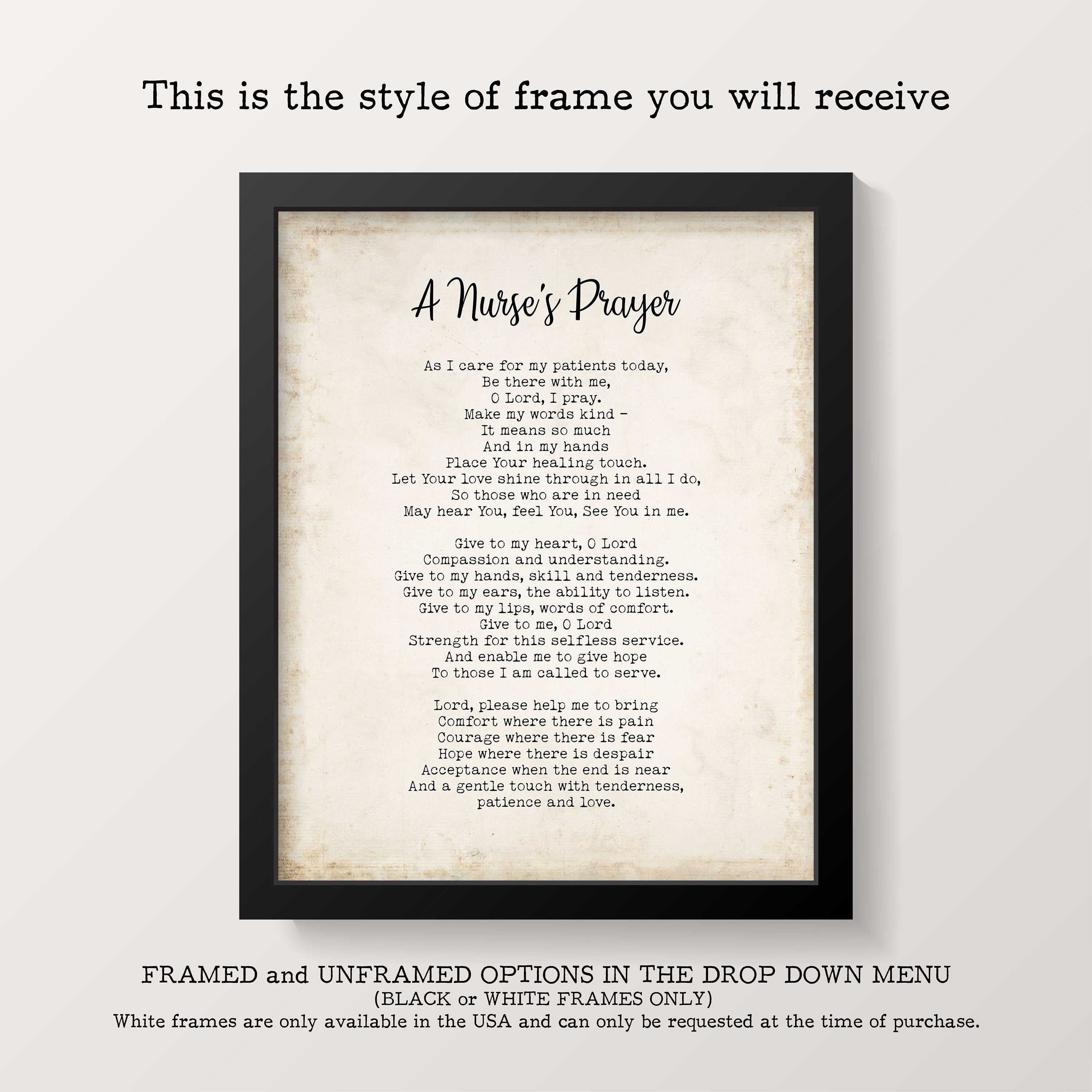 A Nurse's Prayer Print, Doctor's Prayer Literary Art in Black & White or Vintage Style Framed Unframed