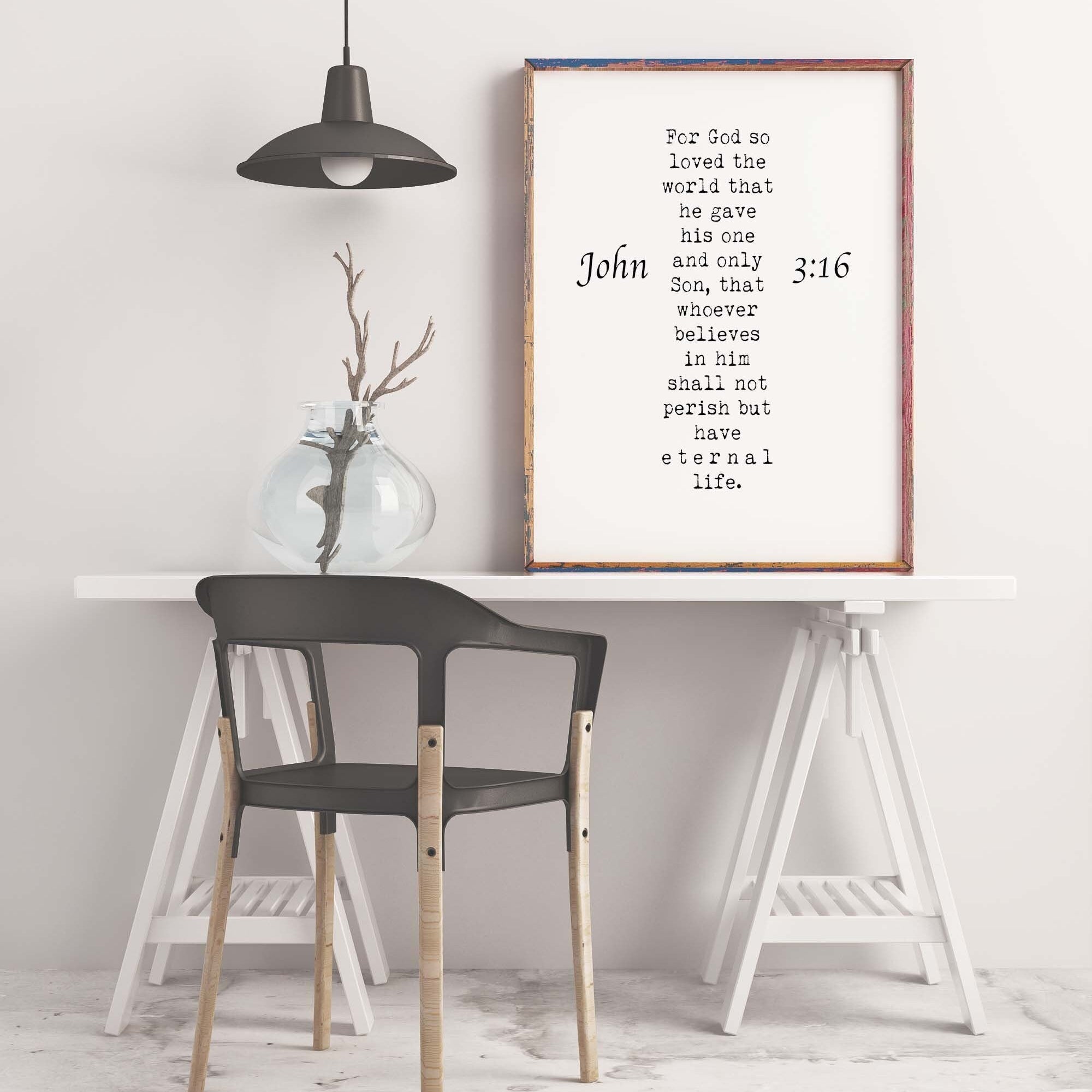 John 3:16 Bible Verse Print, For GOD So Loved The World Inspirational Gift Wall Art in Black & White