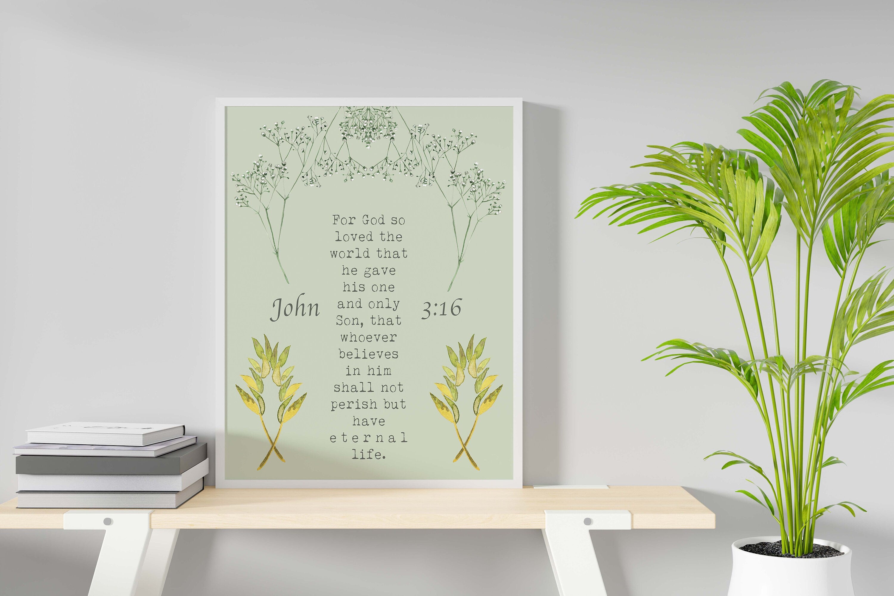 John 3:16 Bible Verse Print, For GOD So Loved The World Inspirational Gift Wall Art in Green, Black or White Scripture Christian Gift
