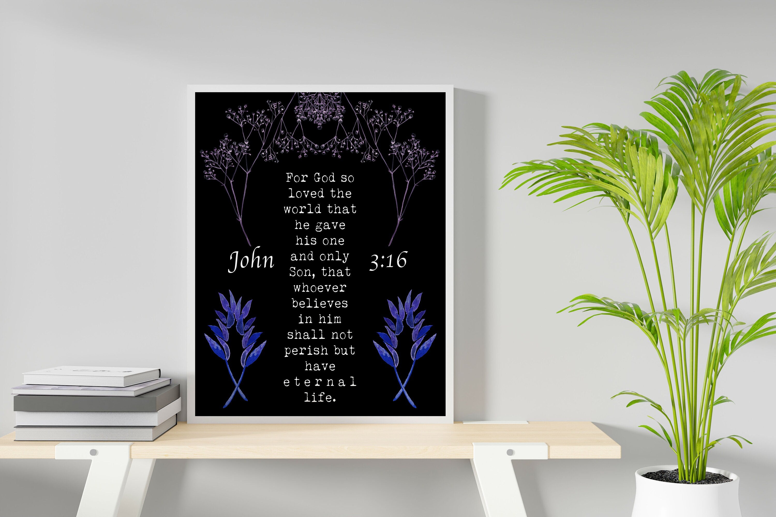 John 3:16 Bible Verse Print, For GOD So Loved The World Inspirational Gift Wall Art in Green, Black or White Scripture Christian Gift