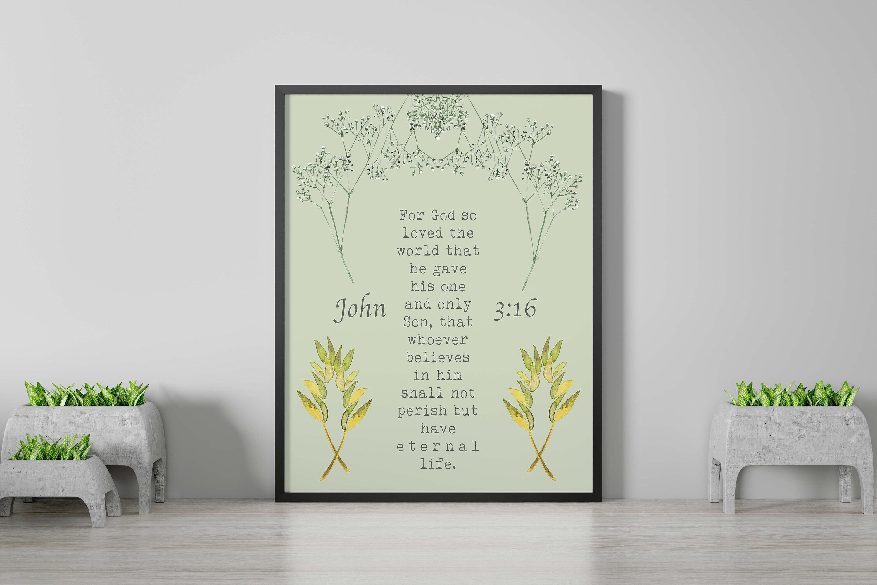 John 3:16 Bible Verse Print, For GOD So Loved The World Inspirational Gift Wall Art in Green, Black or White Scripture Christian Gift