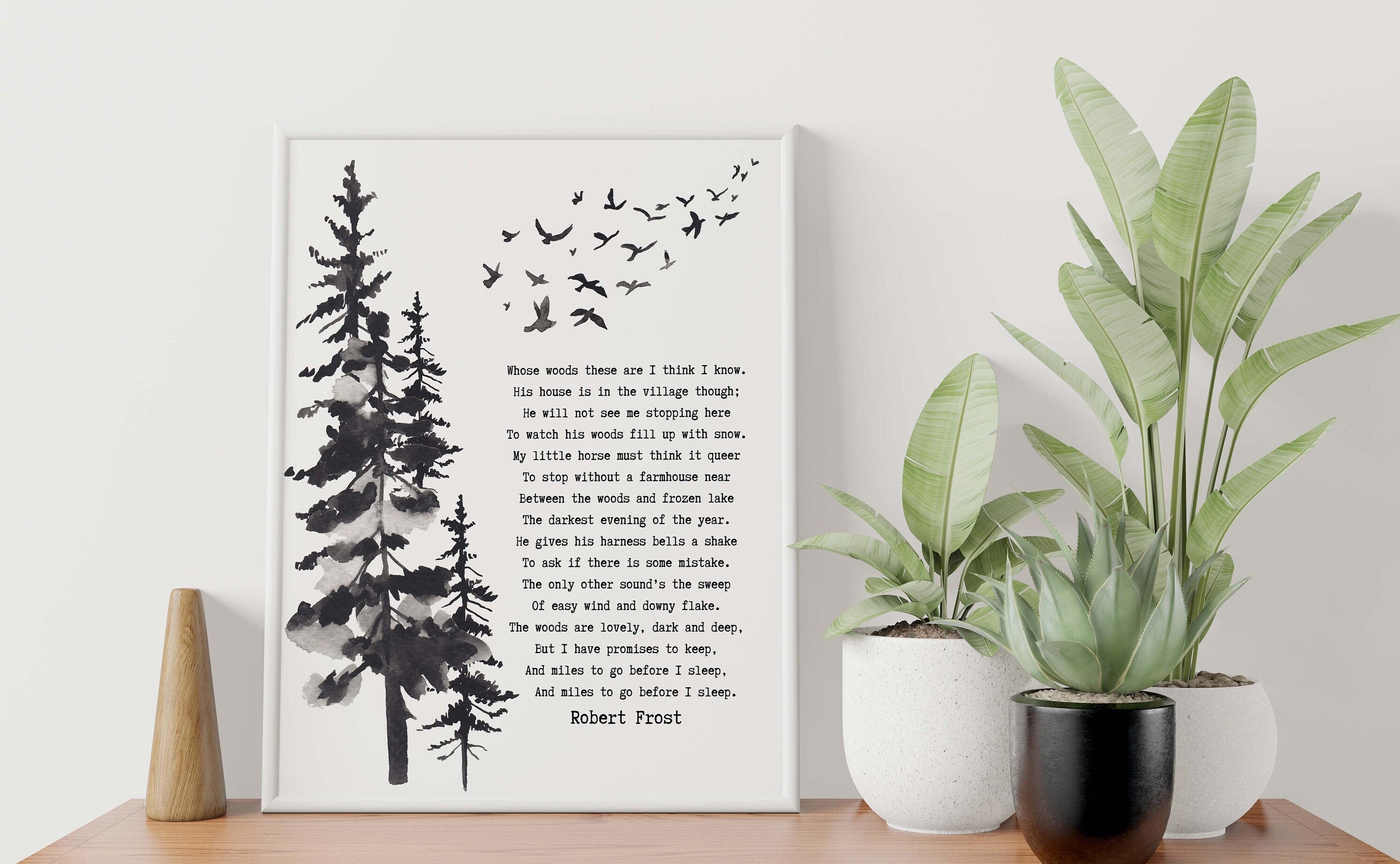 Stopping by the Woods on a Snowy Evening Robert Frost Wall Art Print in Black & White for Living Room Wall Art, Unframed or Framed