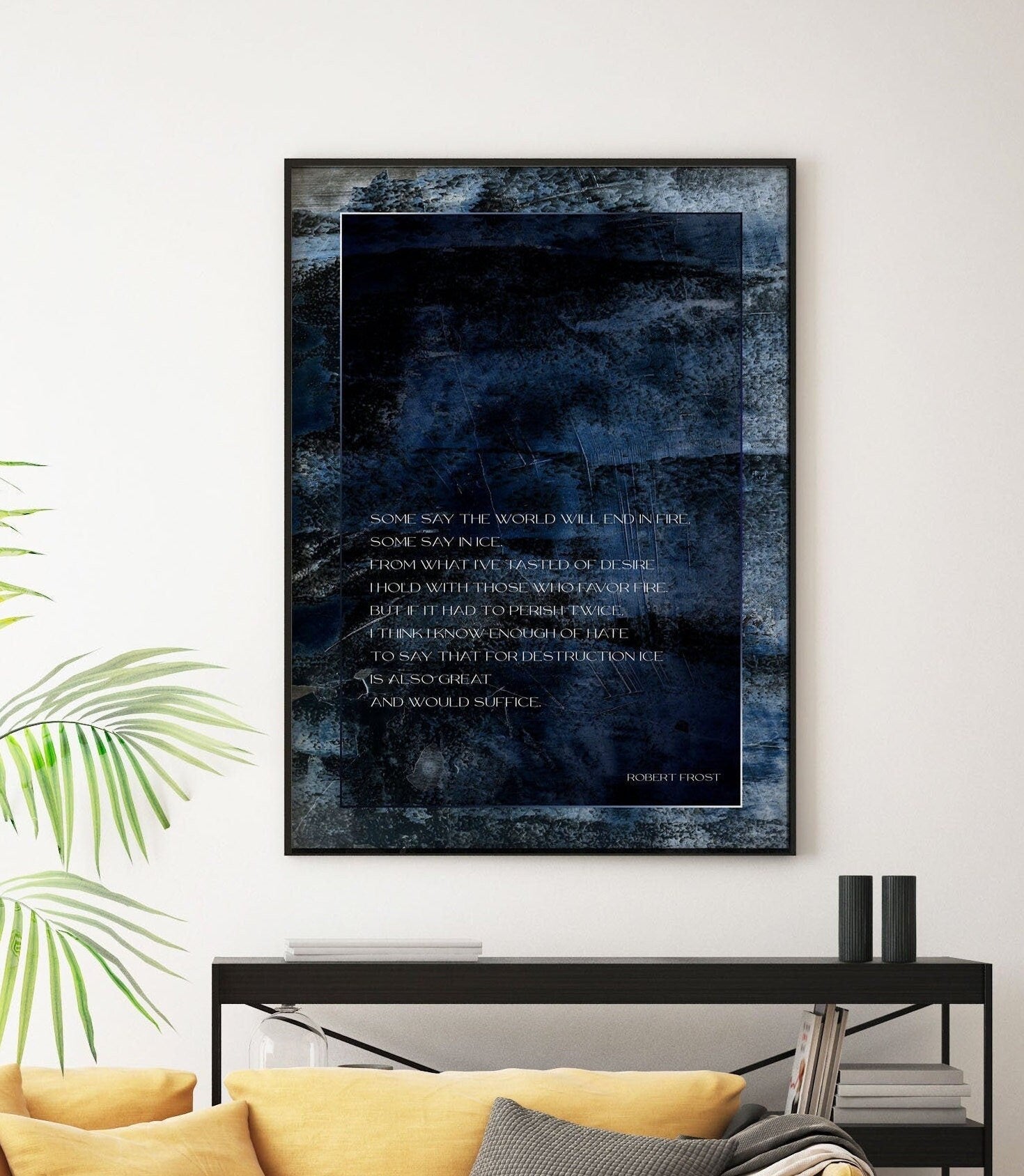 Fire and Ice Robert Frost Wall Art Print Dark Blue Navy Watercolor Abstract Art for Living Room Wall Art