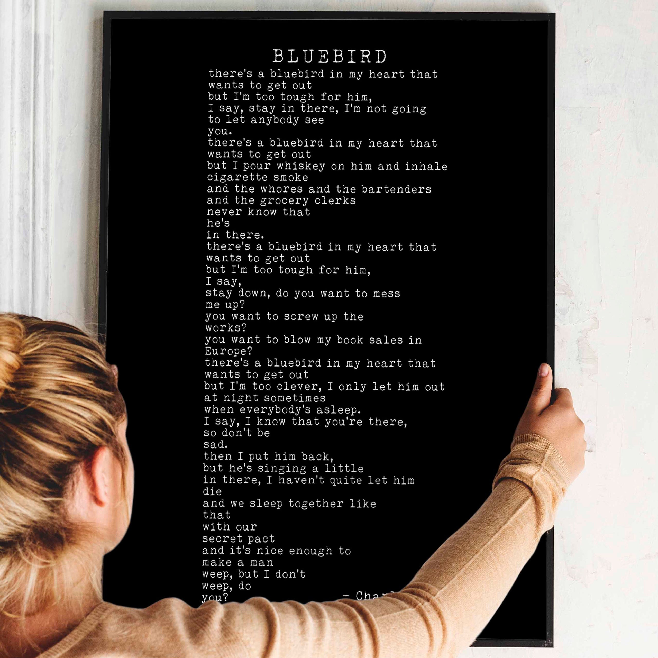 Charles Bukowski BLUEBIRD Poem Print, Minimalist Black & White Background Bukowski Poetry Poster Print