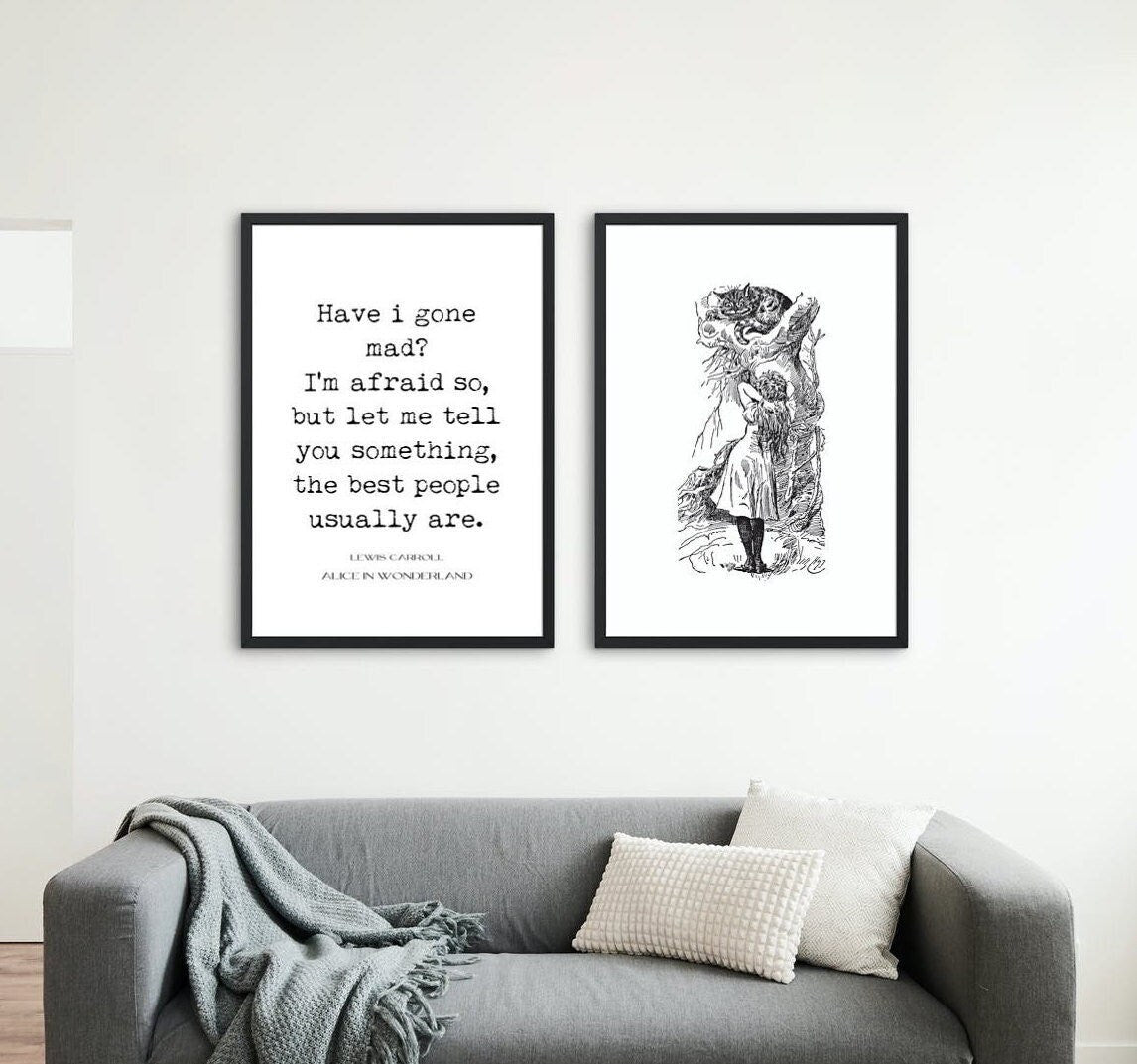 Print Set Alice in Wonderland Wall Art, Lewis Carroll Cheshire Cat Quote Print