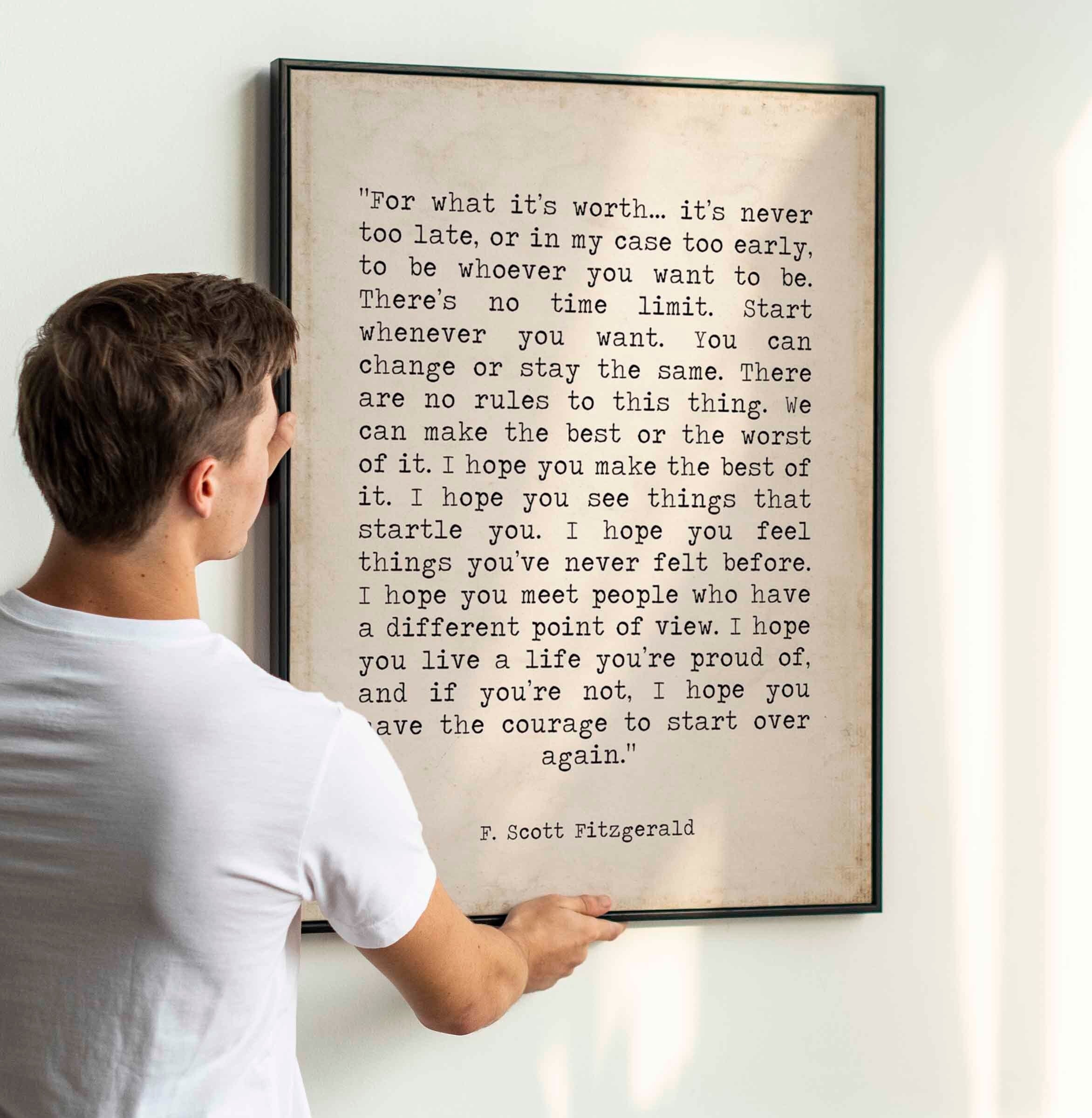 F Scott Fitzgerald For What It's Worth Quote Inspirational Print Gift, Vintage page Typography Quote Print Unframed or Framed Art