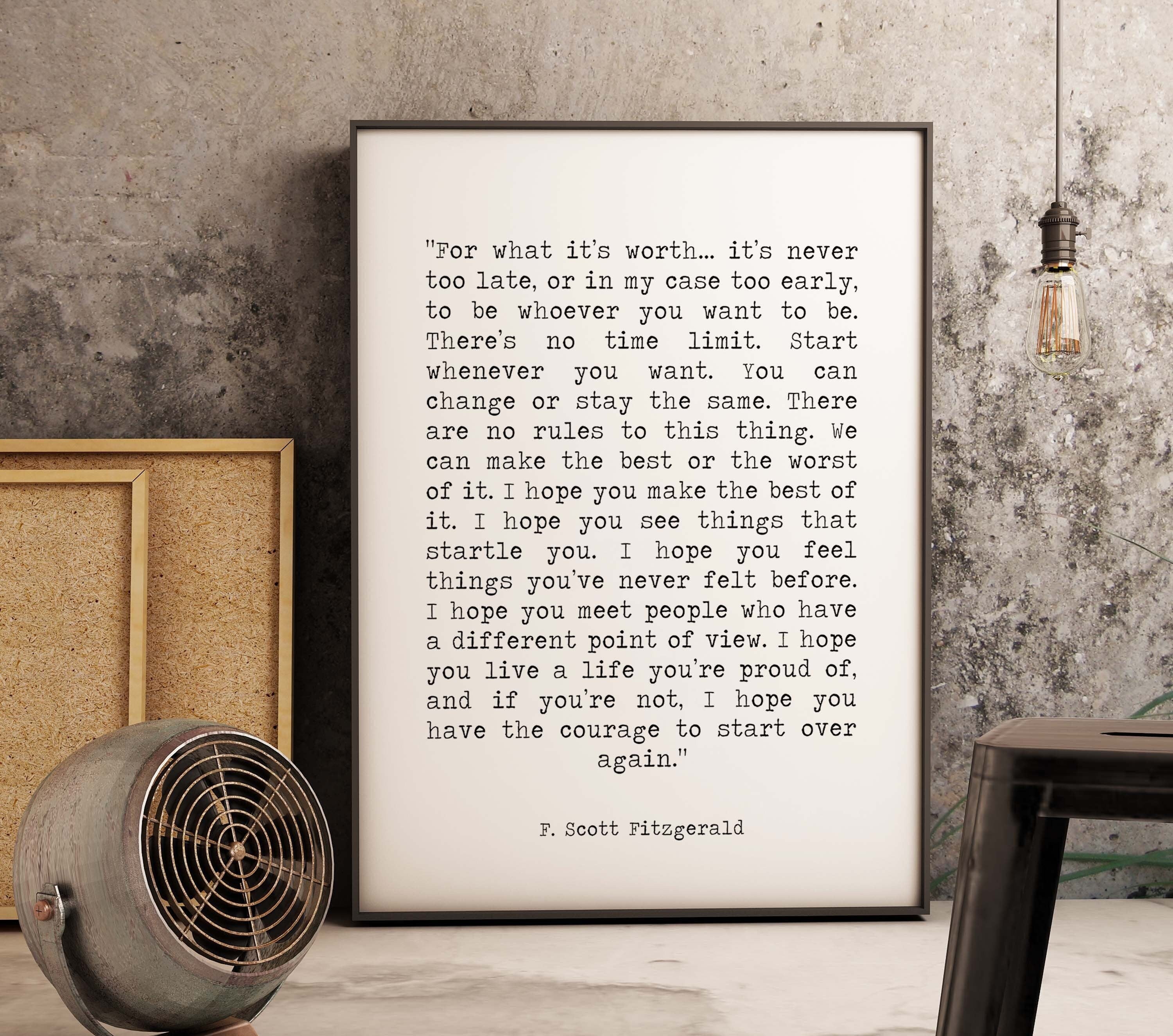 F Scott Fitzgerald For What It's Worth Quote Inspirational Print Gift, Vintage page Typography Quote Print Unframed or Framed Art