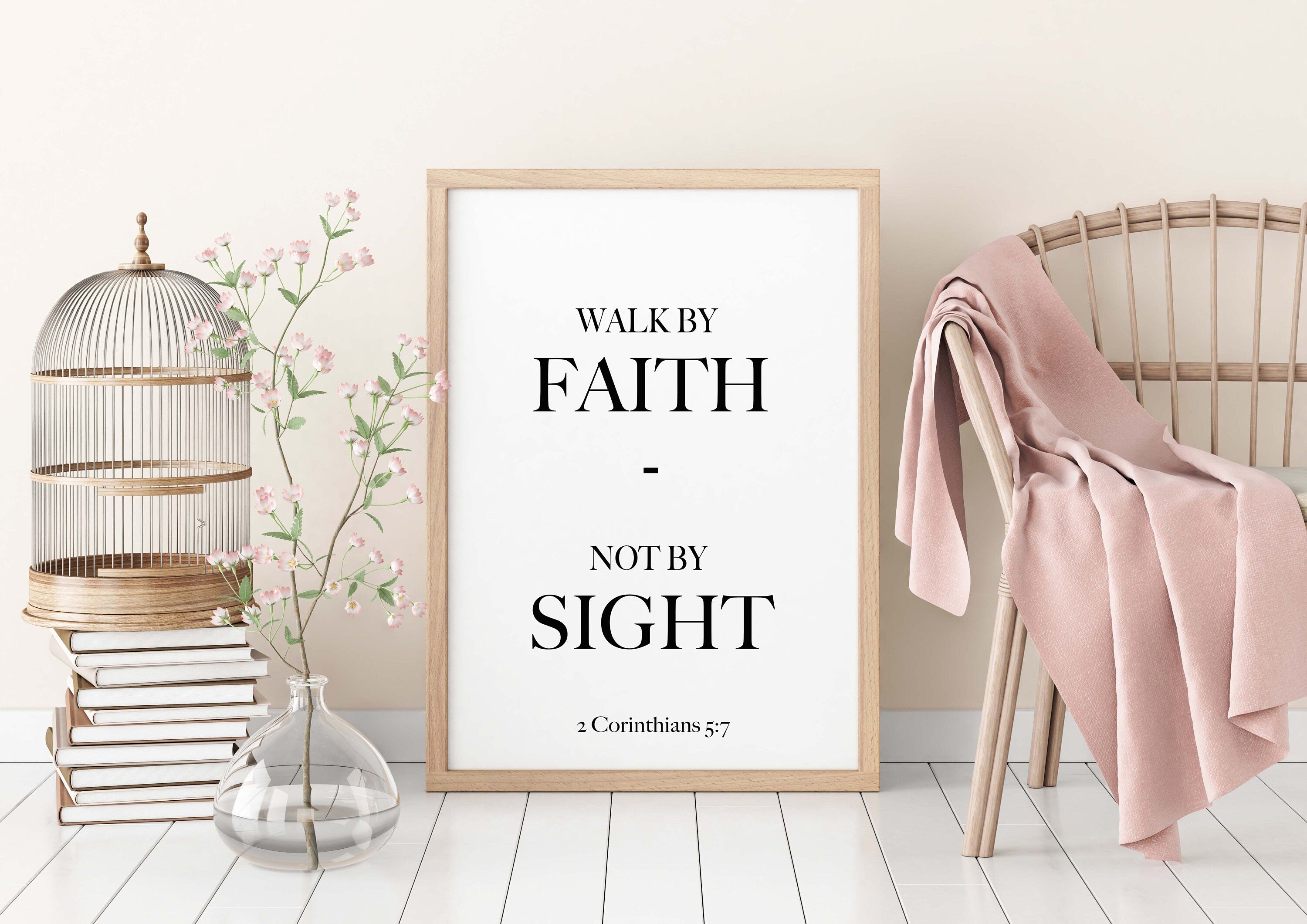 2 Corinthians 5:7 Walk By Faith Not By Sight Christian Wall Art Bible Verse Print in Black & White, Scripture Wall Art Unframed