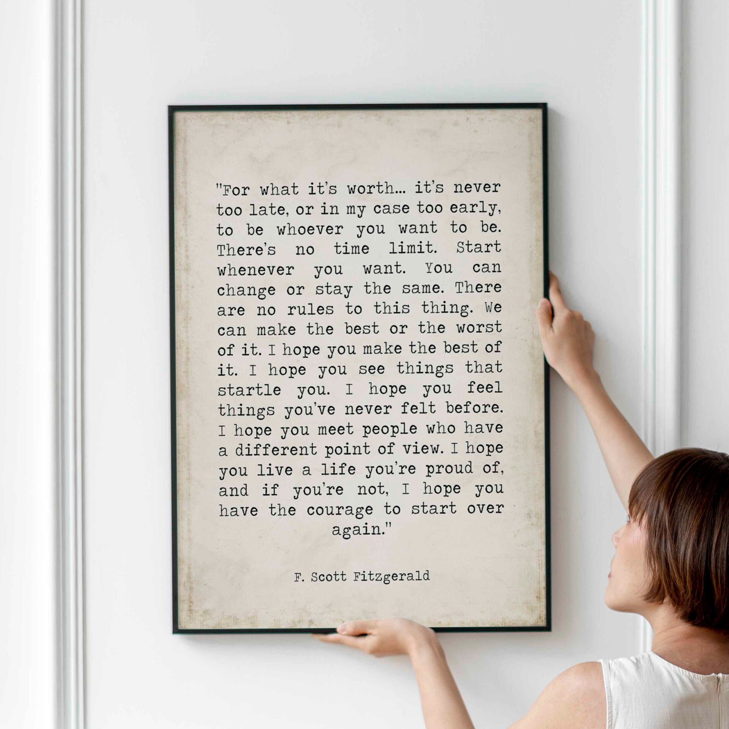 F Scott Fitzgerald For What It's Worth Quote Inspirational Print Gift, Vintage page Typography Quote Print Unframed or Framed Art