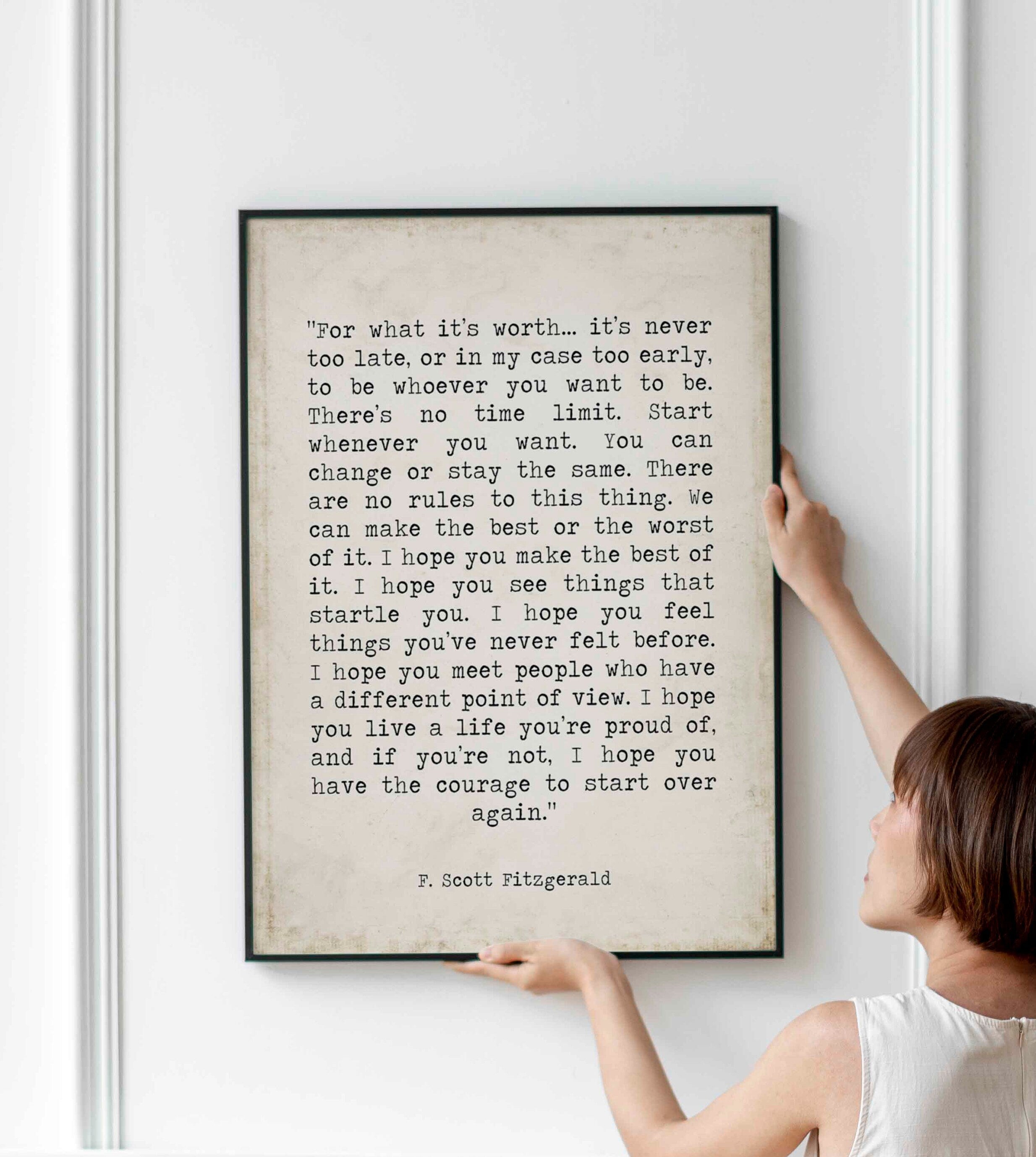 F Scott Fitzgerald For What It's Worth Quote Inspirational Print Gift, Vintage page Typography Quote Print Unframed or Framed Art