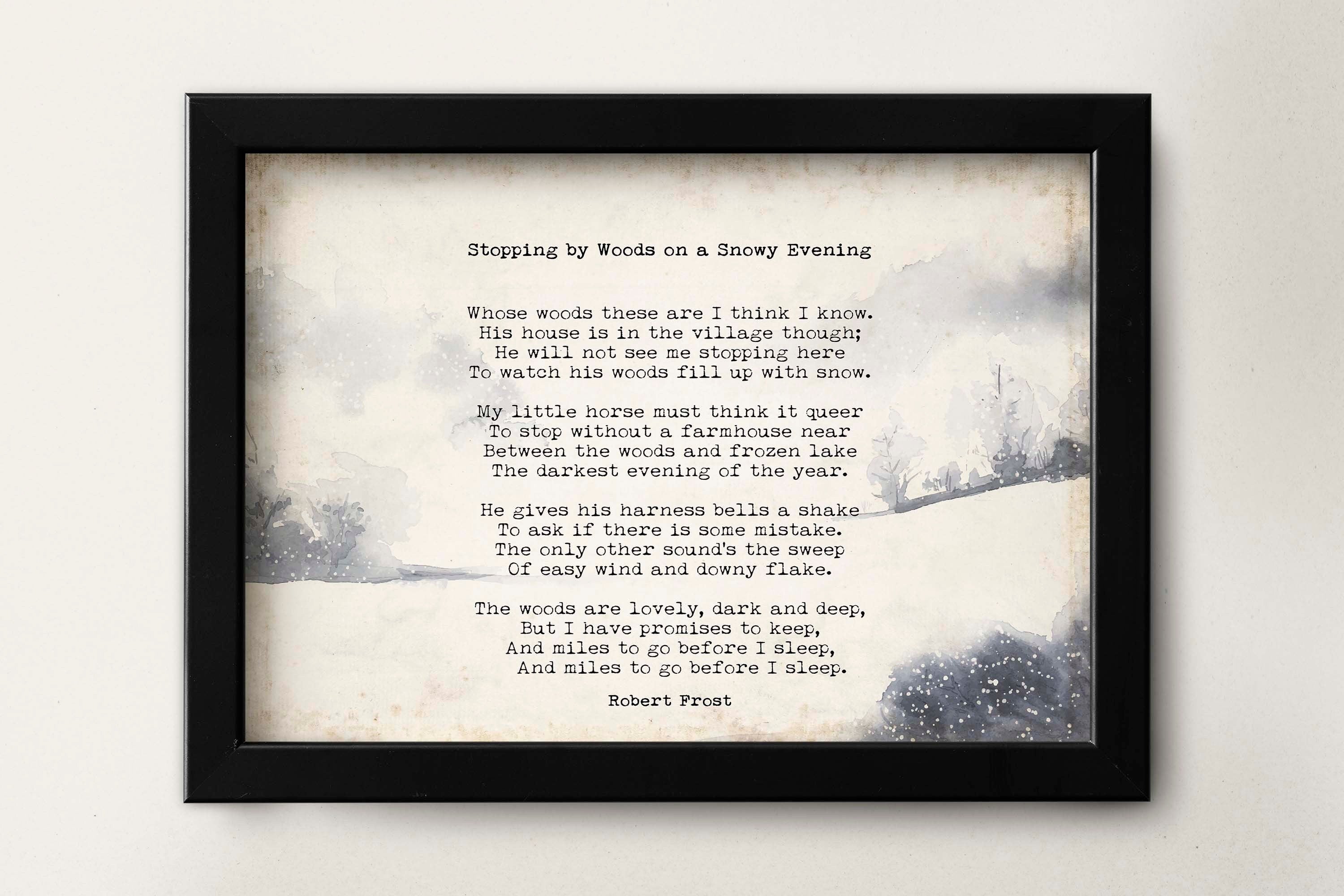 Stopping by the Woods on a Snowy Evening Robert Frost Wall Art Print with Watercolour Landscape for Living Room Wall Art, Unframed or Framed