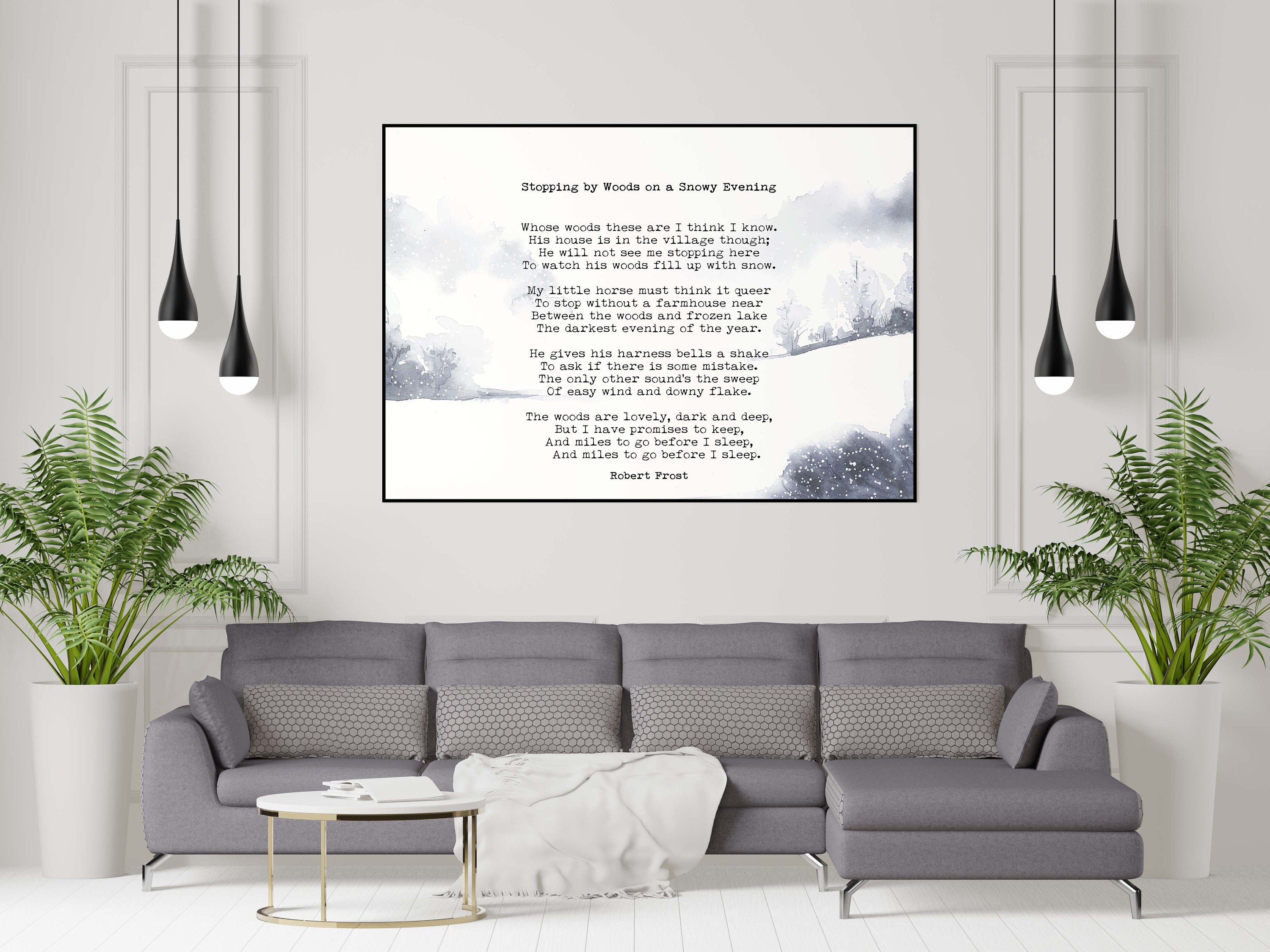Stopping by the Woods on a Snowy Evening Robert Frost Wall Art Print with Watercolour Landscape for Living Room Wall Art, Unframed or Framed