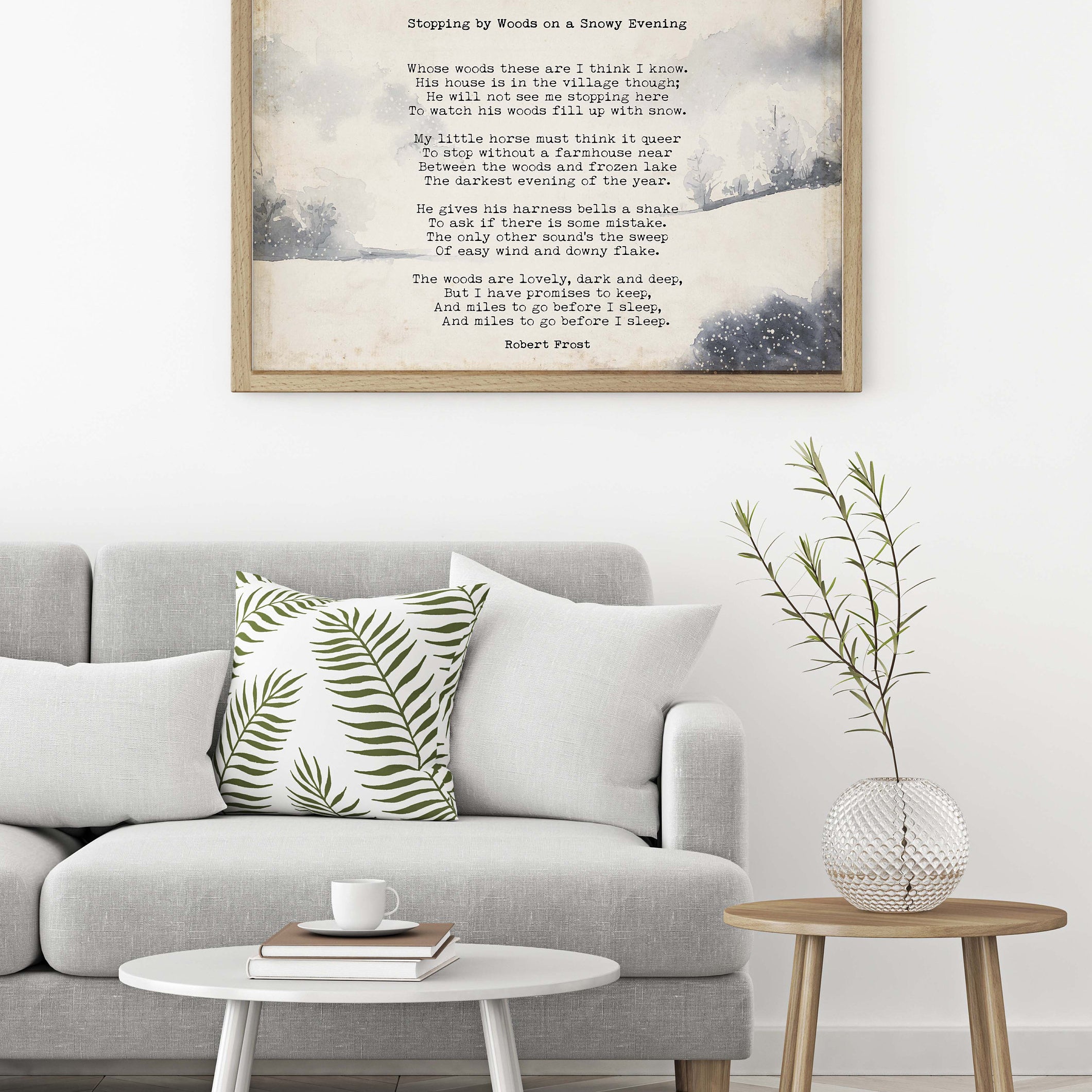 Stopping by the Woods on a Snowy Evening Robert Frost Wall Art Print with Watercolour Landscape for Living Room Wall Art, Unframed or Framed