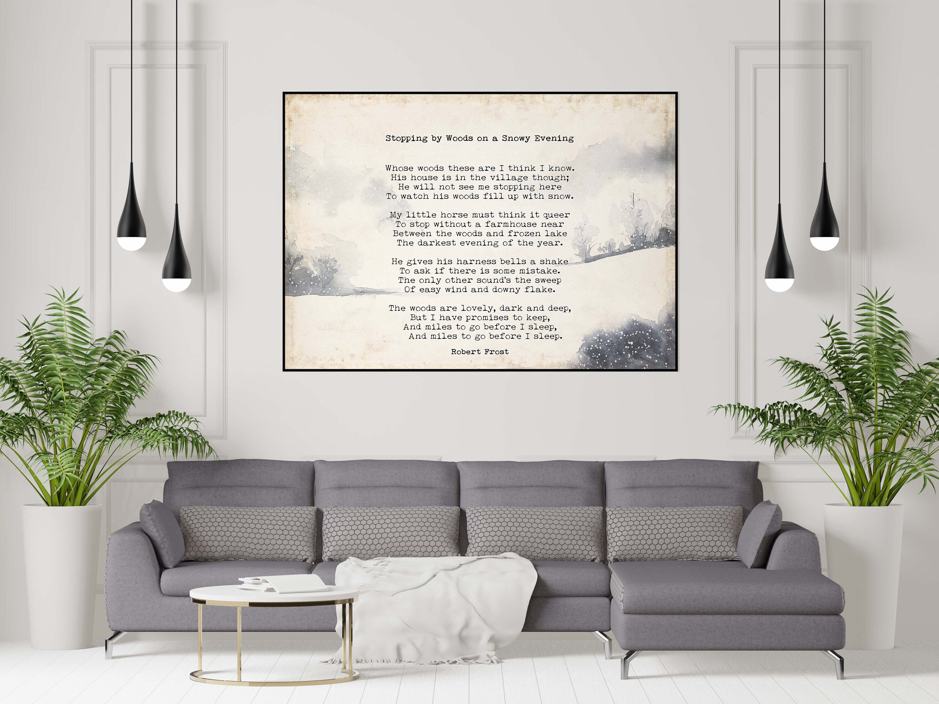 Stopping by the Woods on a Snowy Evening Robert Frost Wall Art Print with Watercolour Landscape for Living Room Wall Art, Unframed or Framed