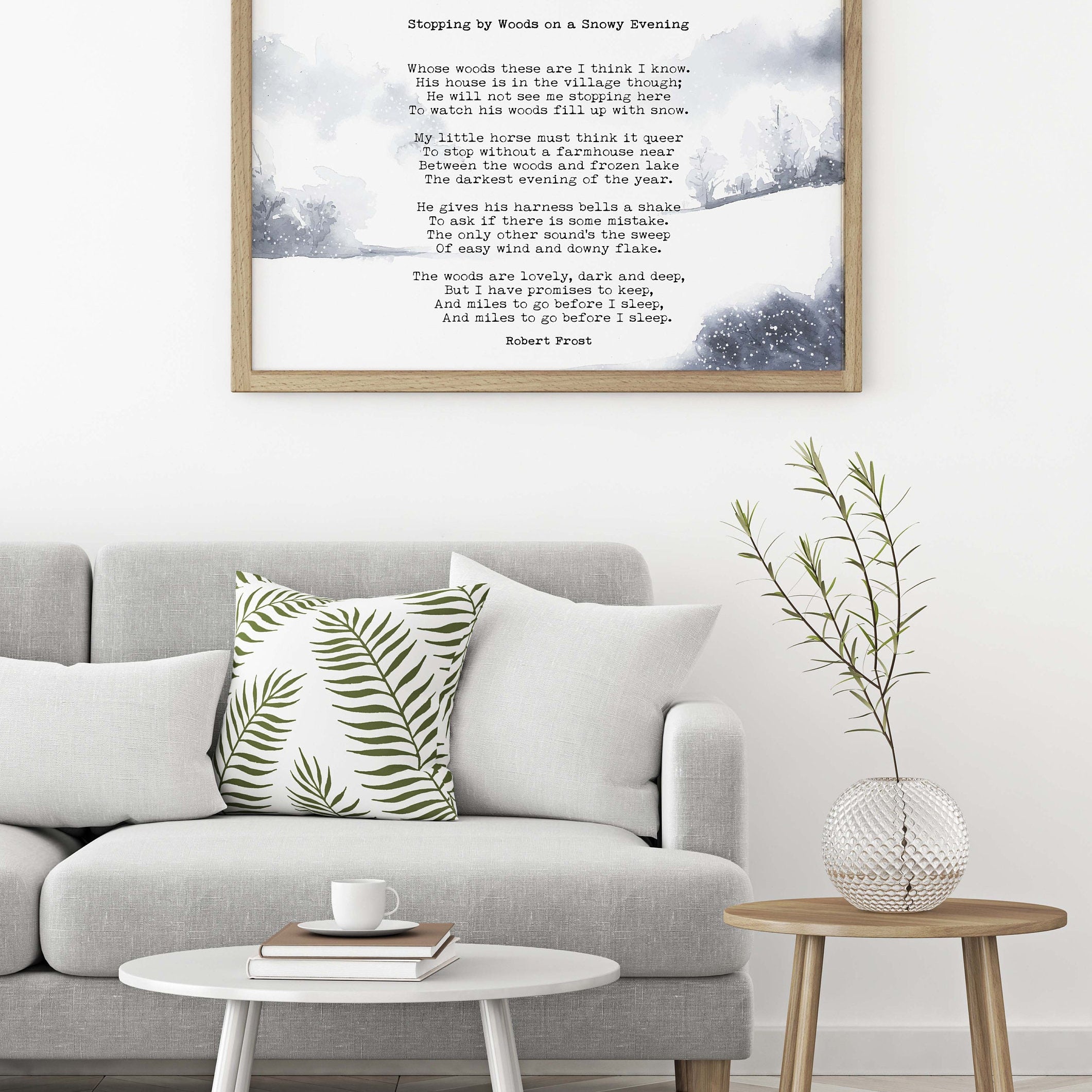 Stopping by the Woods on a Snowy Evening Robert Frost Wall Art Print with Watercolour Landscape for Living Room Wall Art, Unframed or Framed