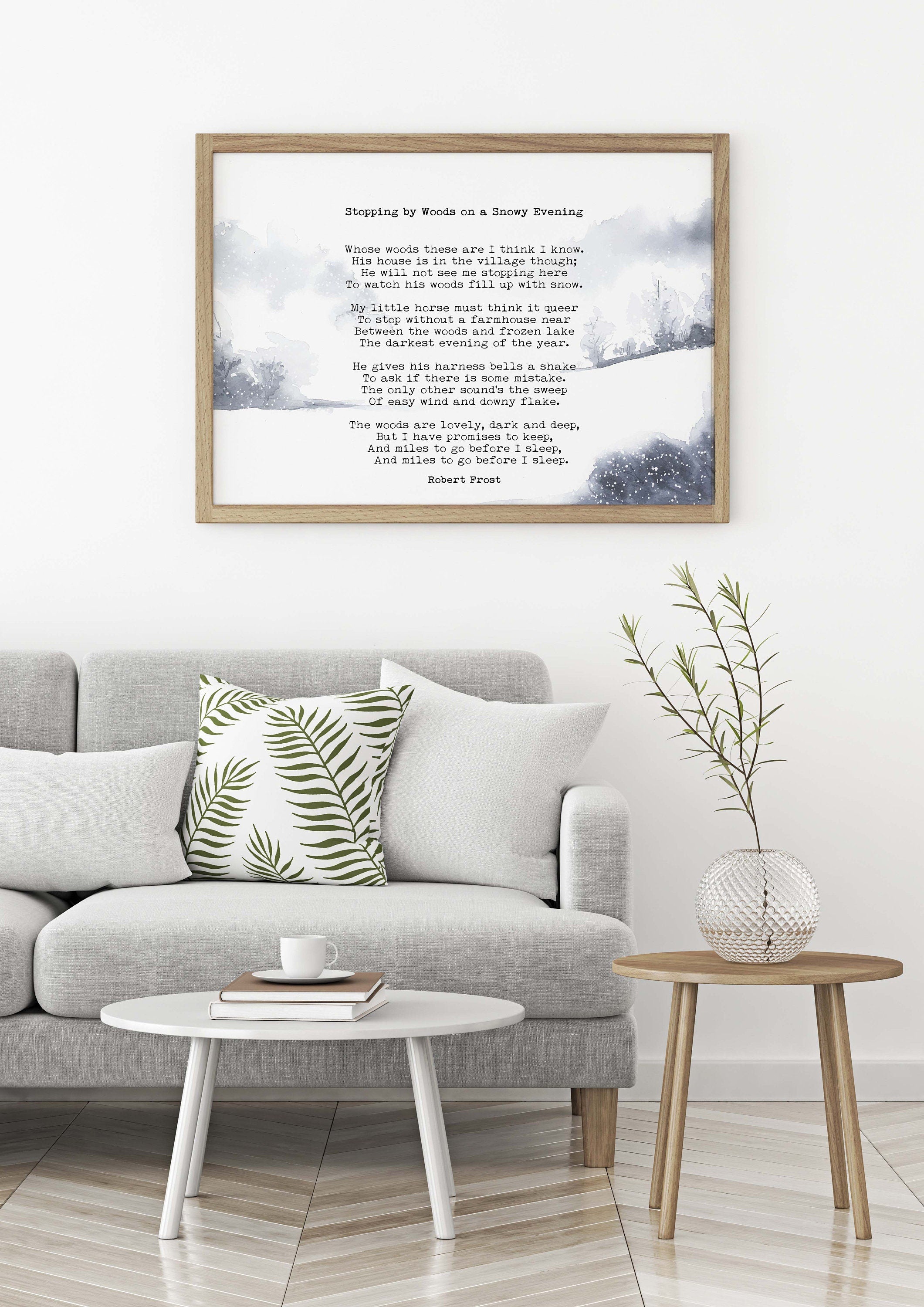 Stopping by the Woods on a Snowy Evening Robert Frost Wall Art Print with Watercolour Landscape for Living Room Wall Art, Unframed or Framed