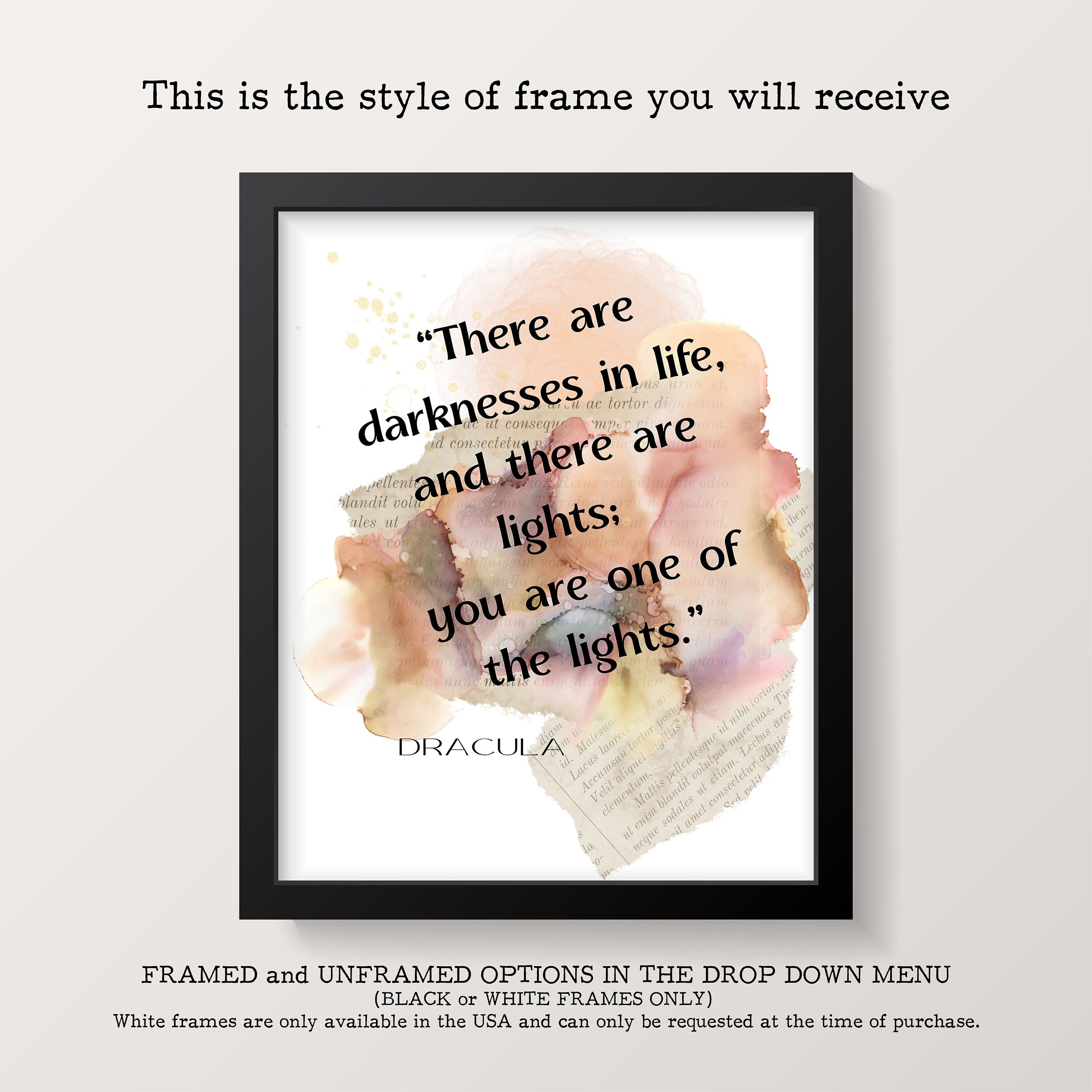 Dracula Quote Print You Are The Light, Bram Stoker Inspirational Quote Wall Art Prints Framed or Unframed