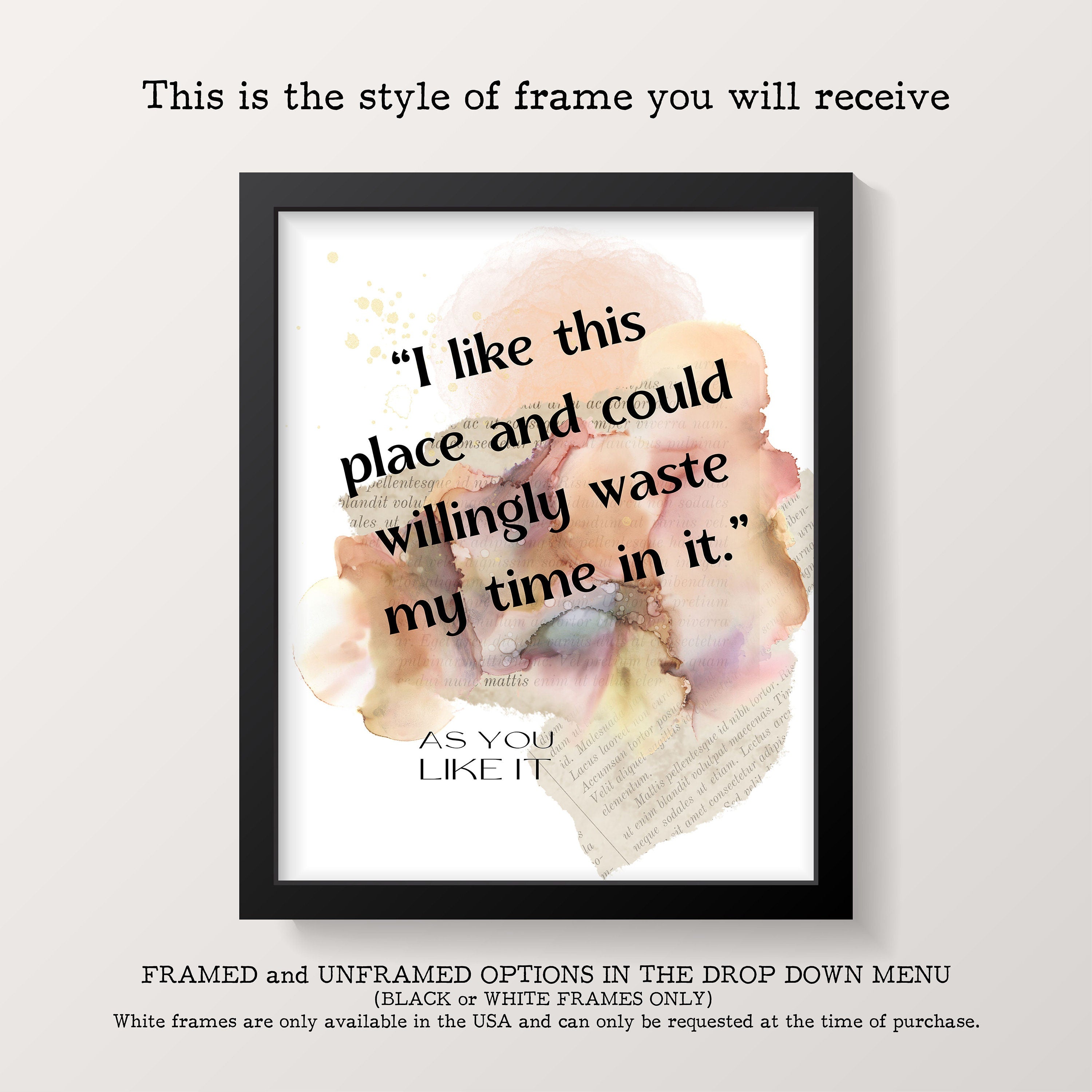 William Shakespeare Quote Print I Like This Place, As You Like It Inspirational Quote Wall Art Prints Framed or Unframed