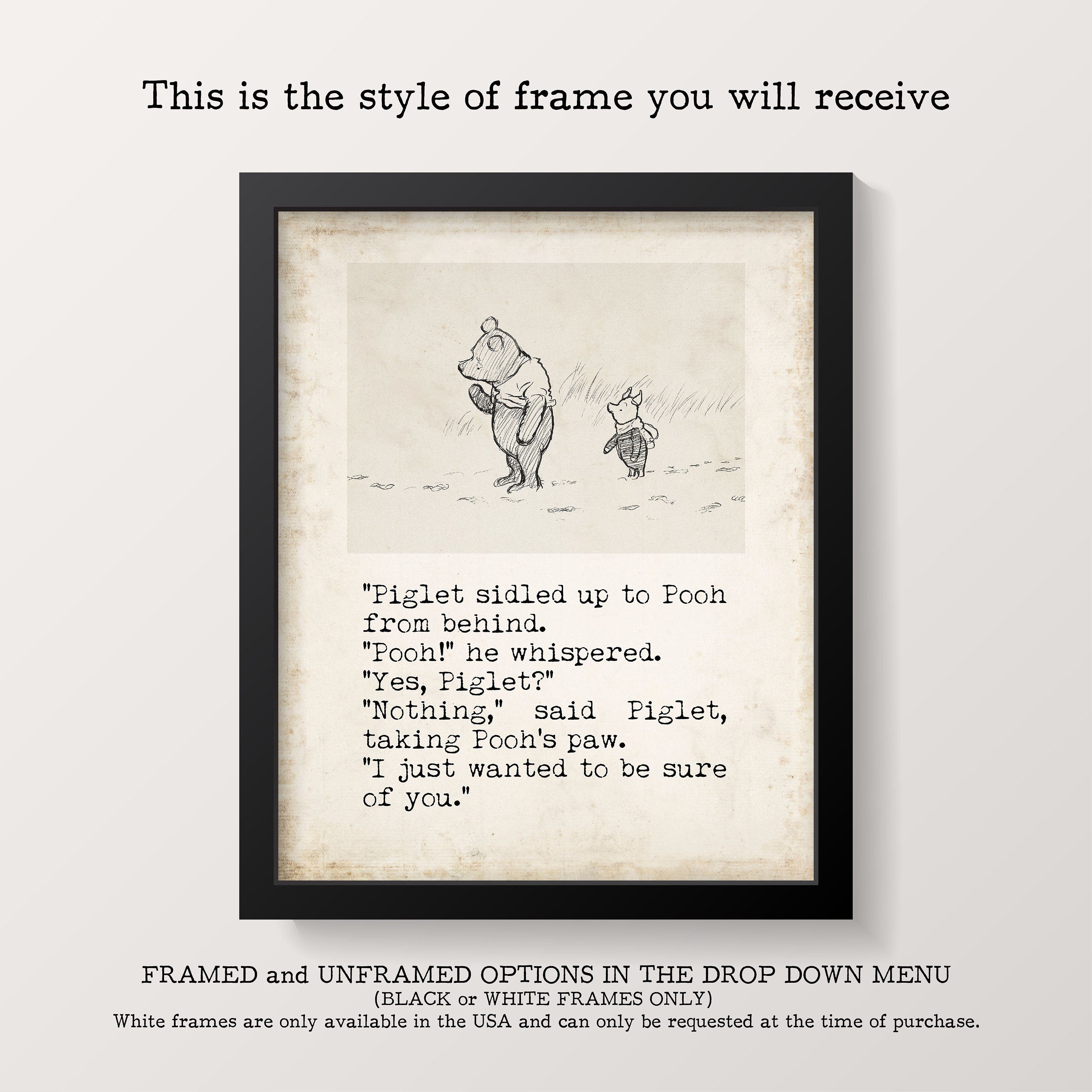 The House at Pooh Corner Winnie the Pooh Quote Unframed or Framed Nursery Wall Art Prints in Vintage Style with Pooh & Piglet Drawing