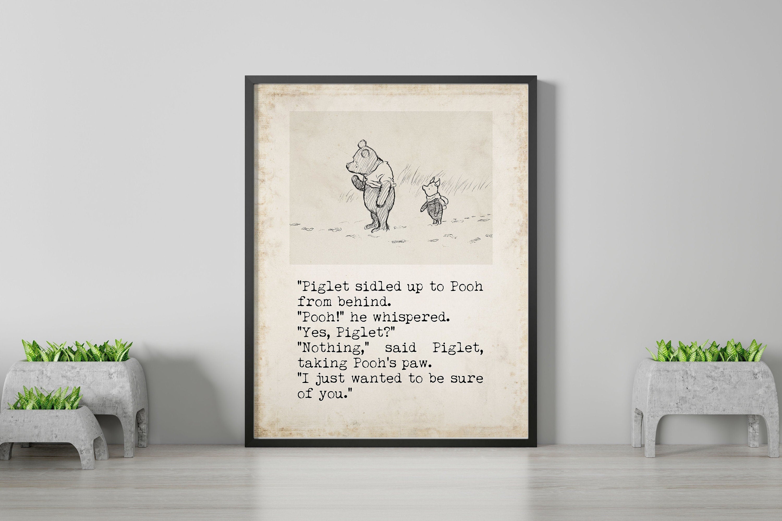 The House at Pooh Corner Winnie the Pooh Quote Unframed or Framed Nursery Wall Art Prints in Vintage Style with Pooh & Piglet Drawing