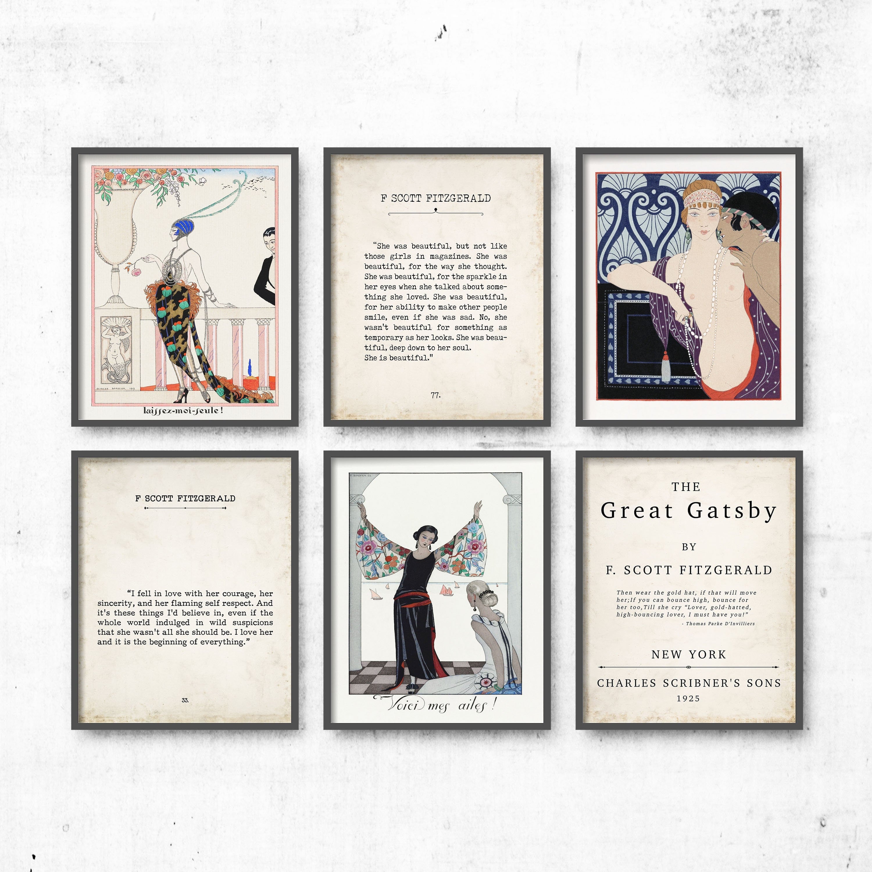 F Scott Fitzgerald Literary Art Quote Prints Set of 6, Gallery Wall Set for Home Decor