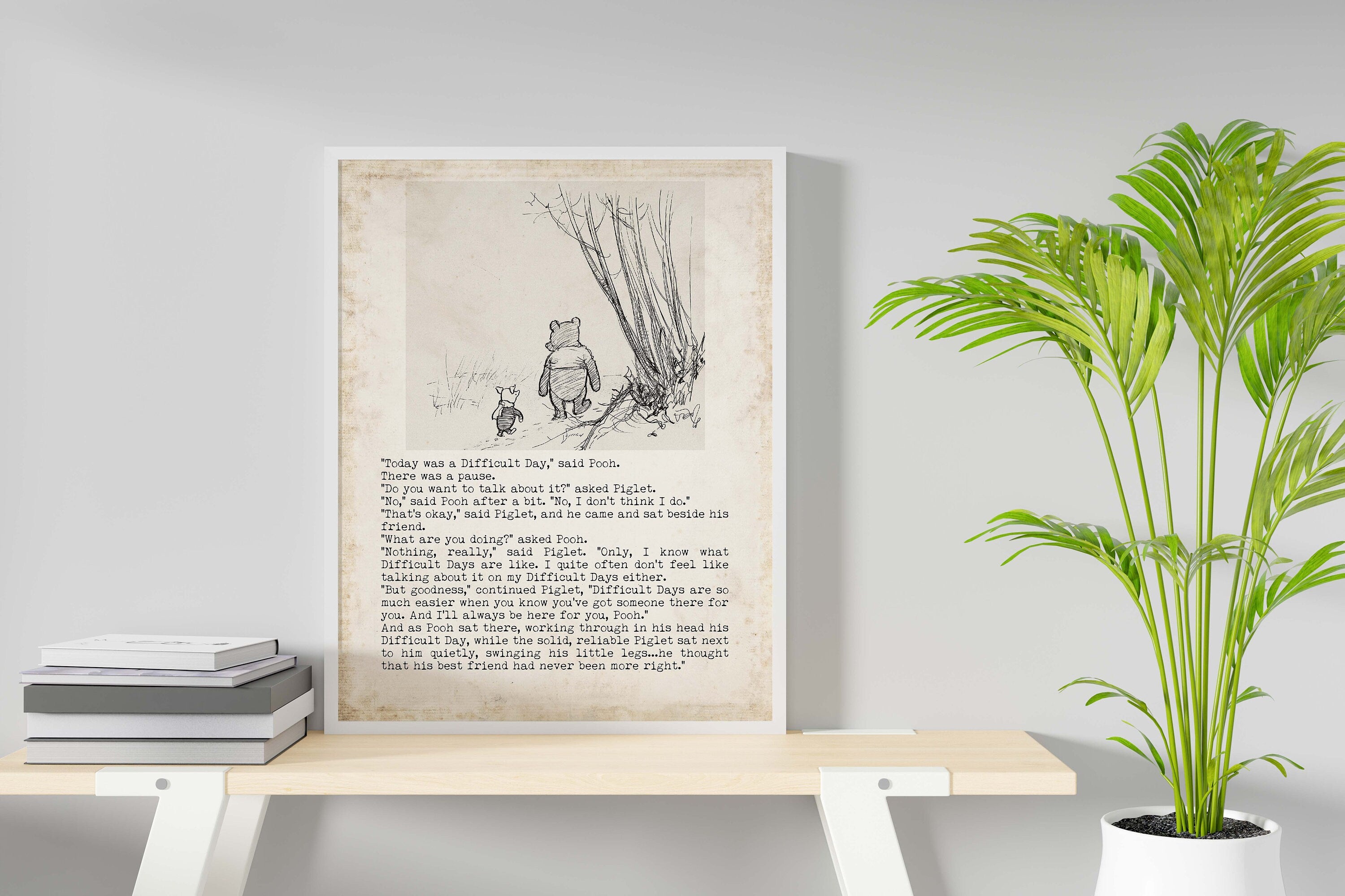 Difficult Days Winnie the Pooh Quote Unframed or Framed Nursery Wall Art Prints in Vintage Style with Pooh & Piglet Drawing, AA Milne