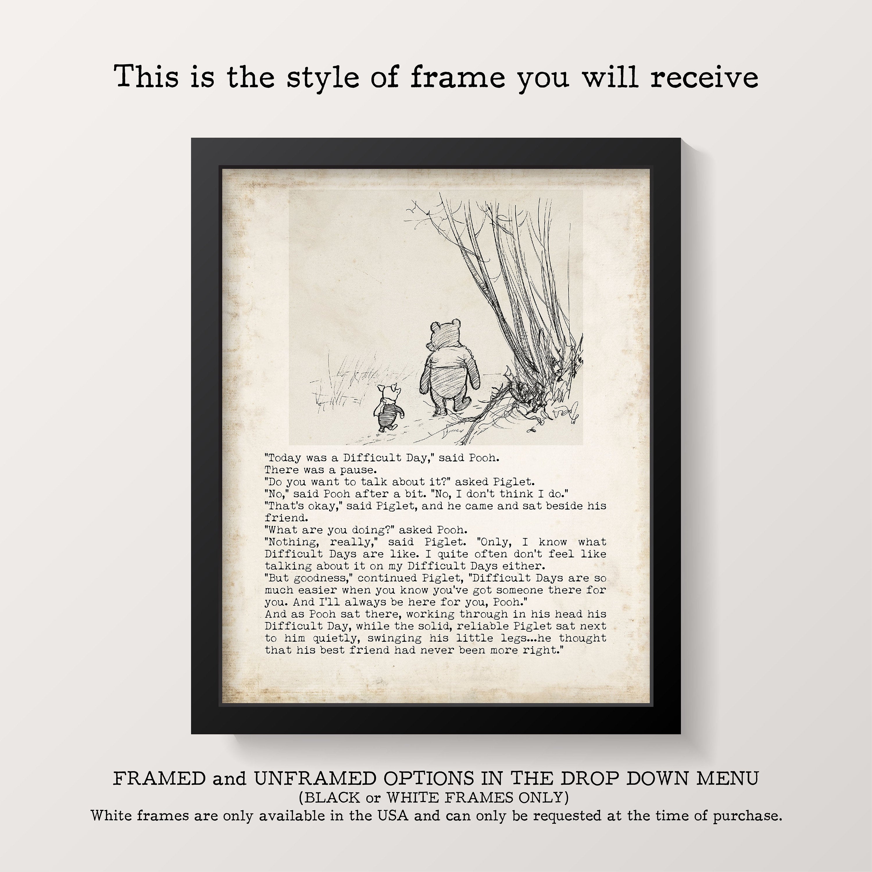 Difficult Days Winnie the Pooh Quote Unframed or Framed Nursery Wall Art Prints in Vintage Style with Pooh & Piglet Drawing, AA Milne