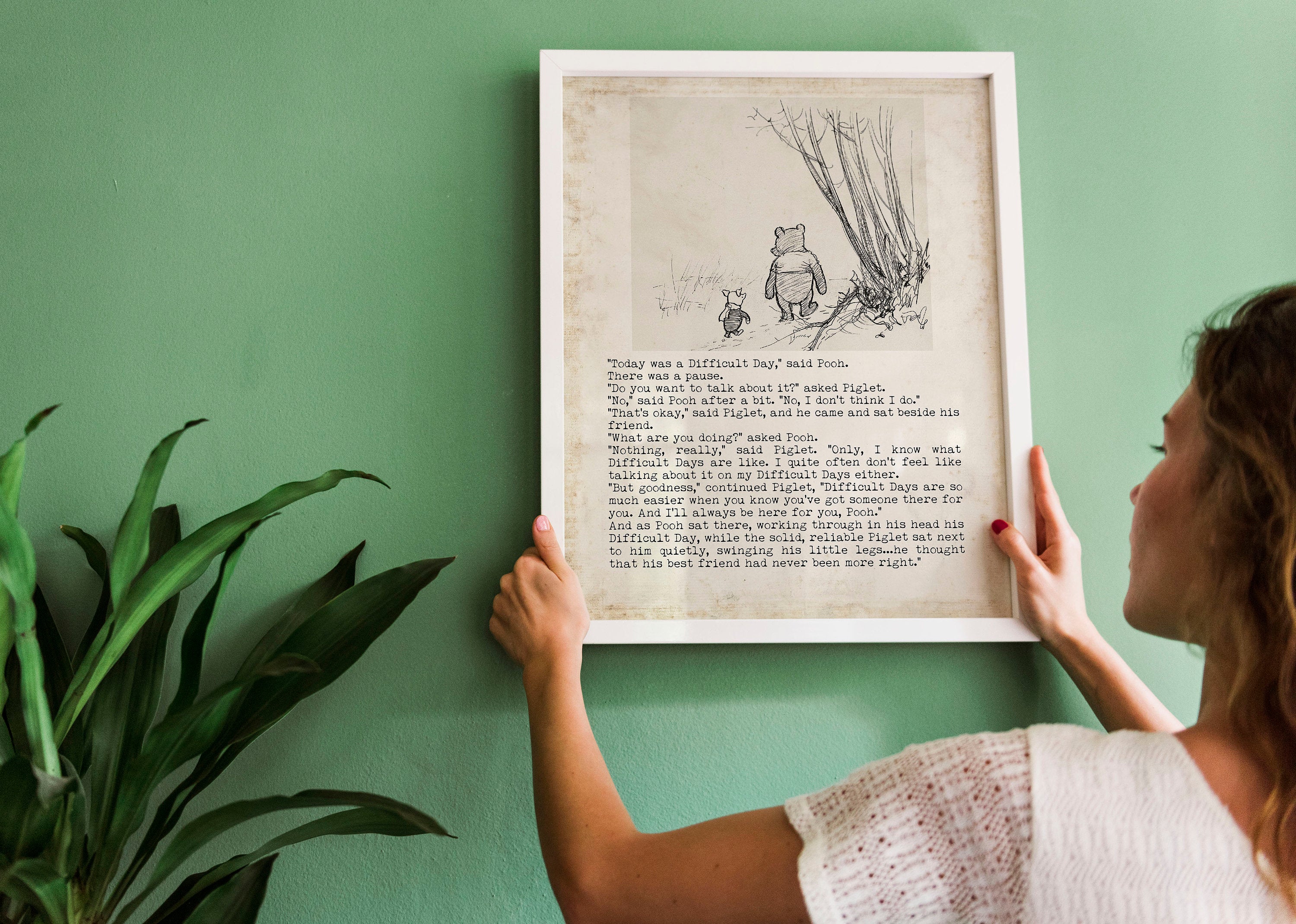 Difficult Days Winnie the Pooh Quote Unframed or Framed Nursery Wall Art Prints in Vintage Style with Pooh & Piglet Drawing, AA Milne