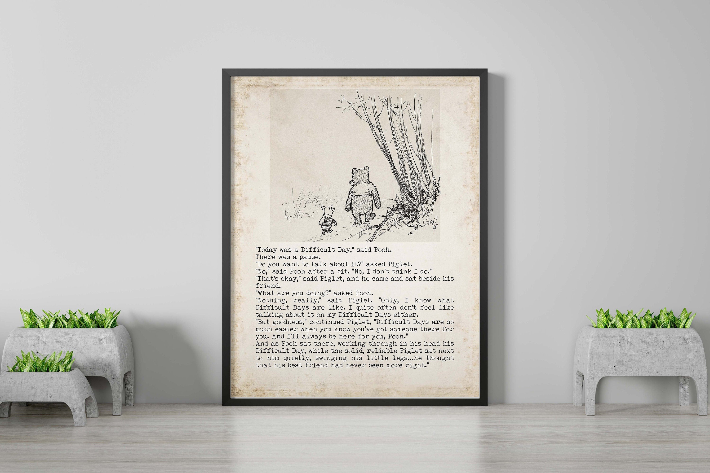 Difficult Days Winnie the Pooh Quote Unframed or Framed Nursery Wall Art Prints in Vintage Style with Pooh & Piglet Drawing, AA Milne