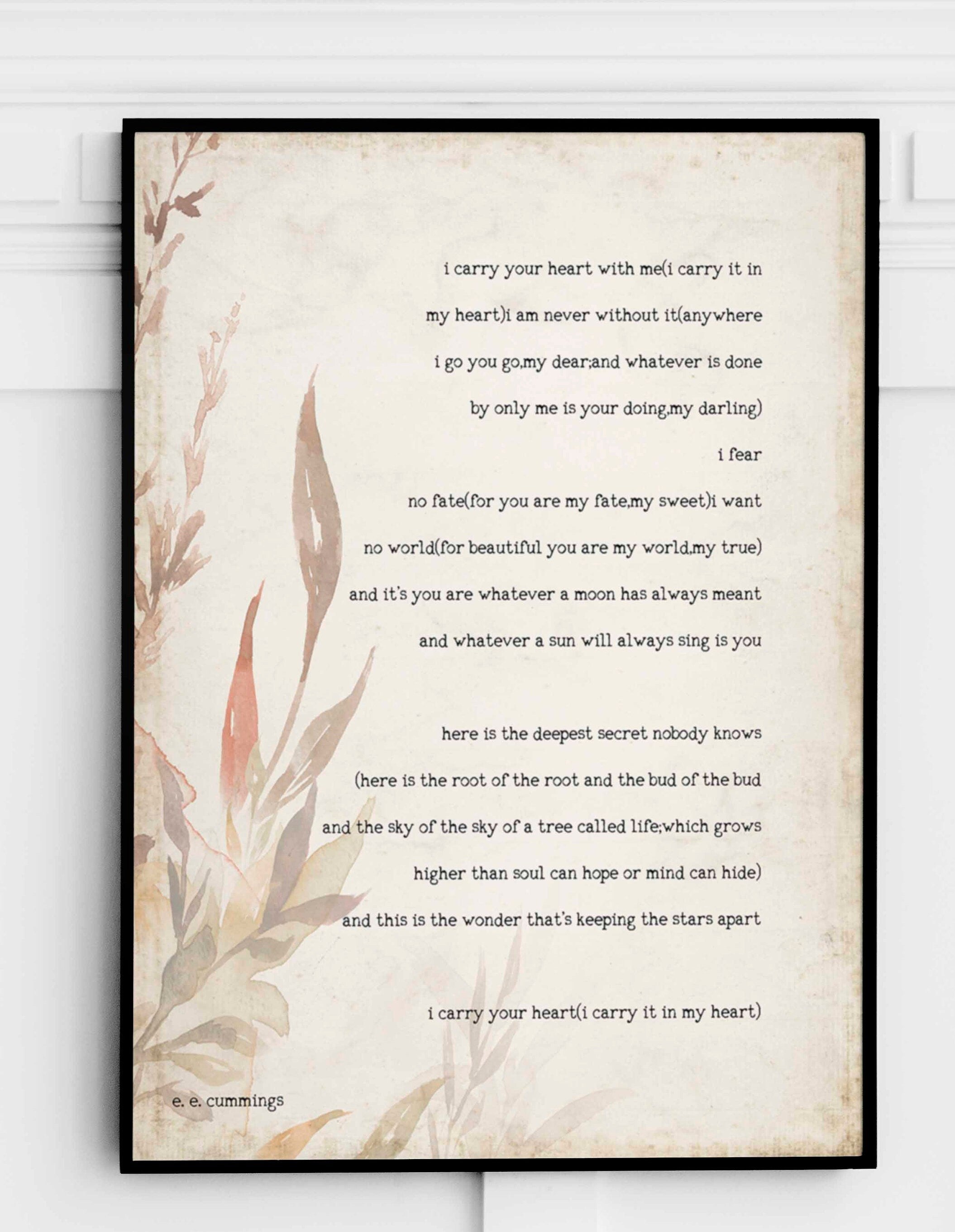 I Carry Your Heart Poem By E E Cummings Framed Art Print With Floral Vintage Background