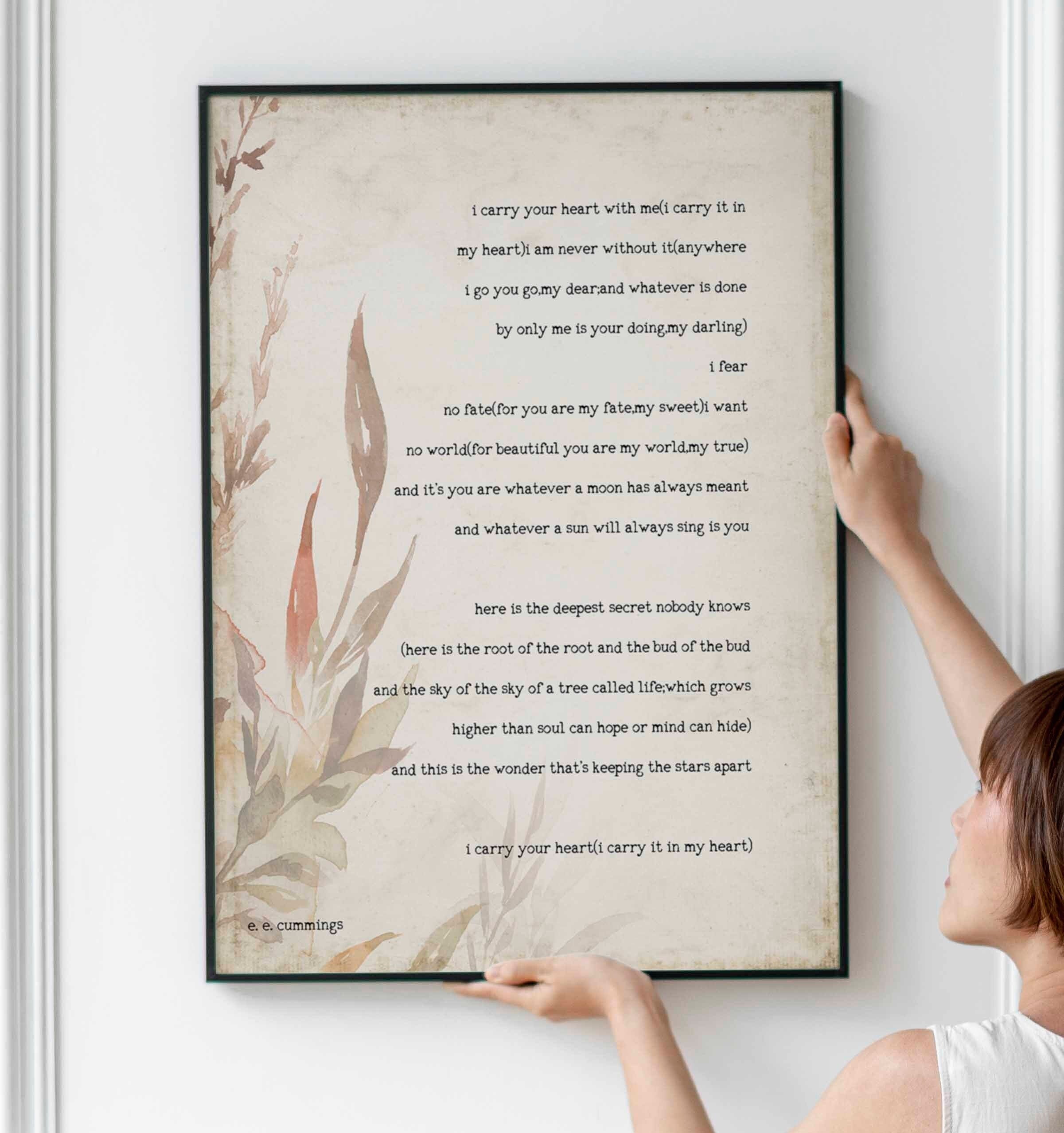 I Carry Your Heart Poem By E E Cummings Framed Art Print With Floral Vintage Background
