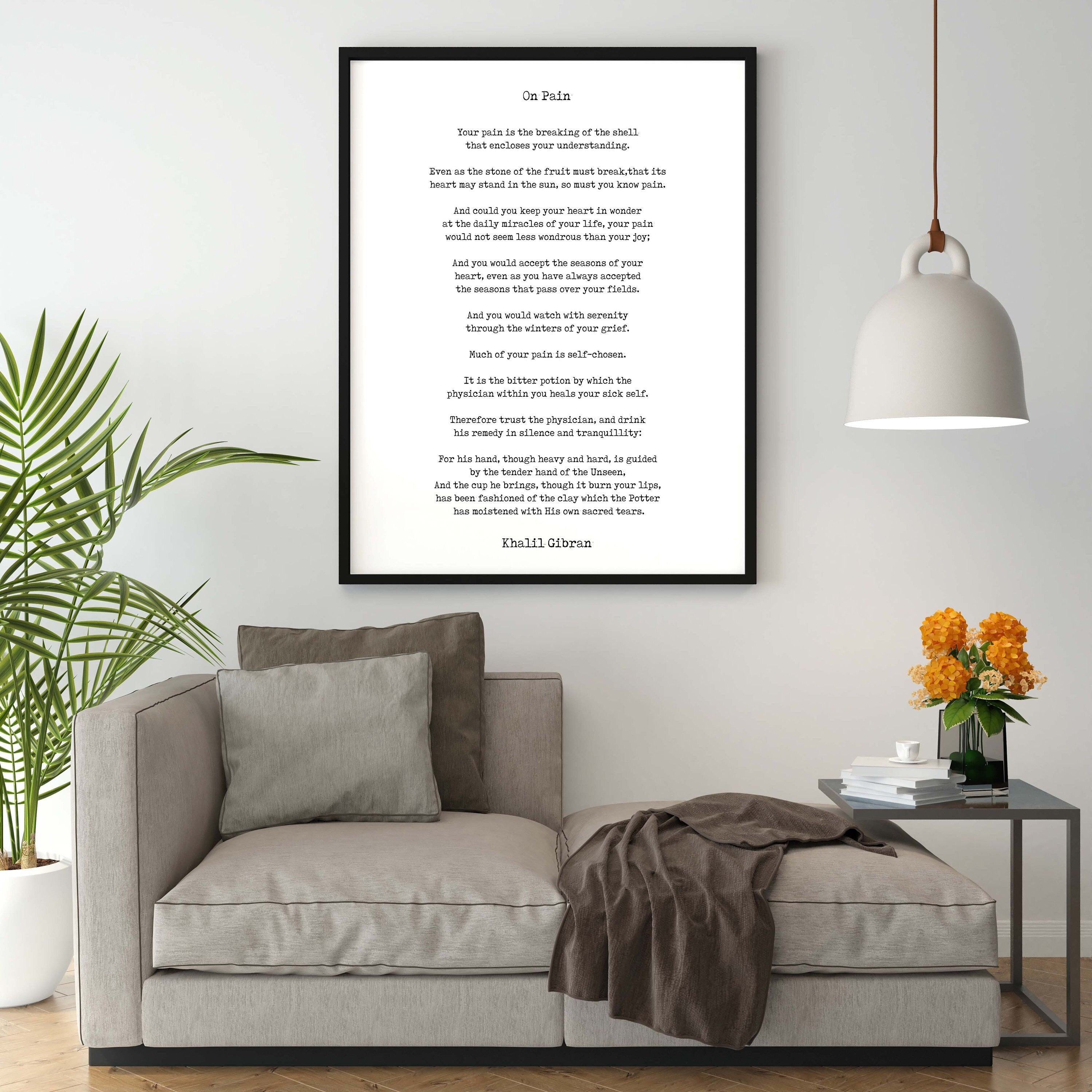 On Pain Kahlil Gibran Wall Art Prints Framed or Unframed in Black & White, Literary Wall Art Decor