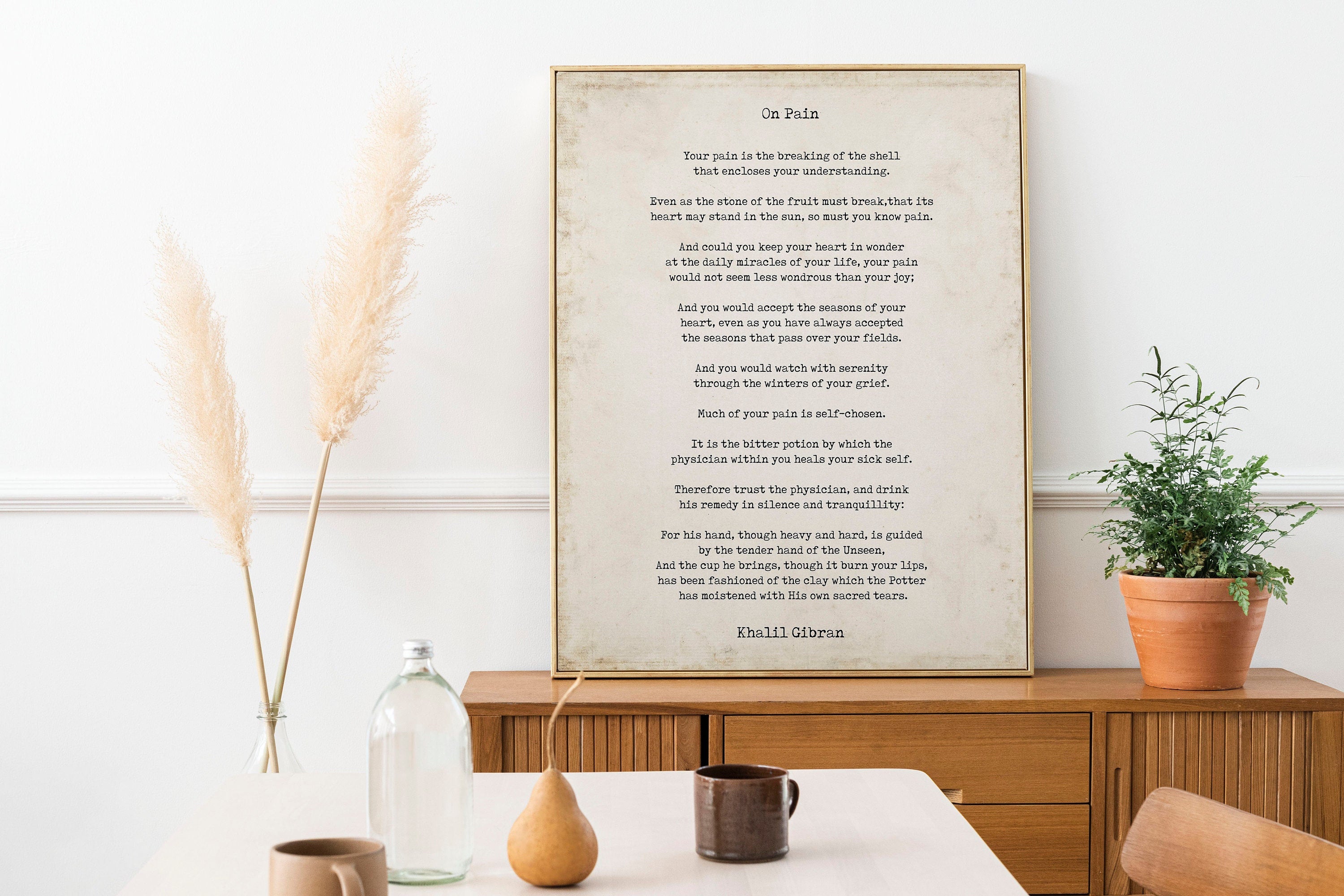 On Pain Kahlil Gibran Poem Wall Art Prints Framed or Unframed in Vintage or Black & White, Poetry Literary Wall Art Decor