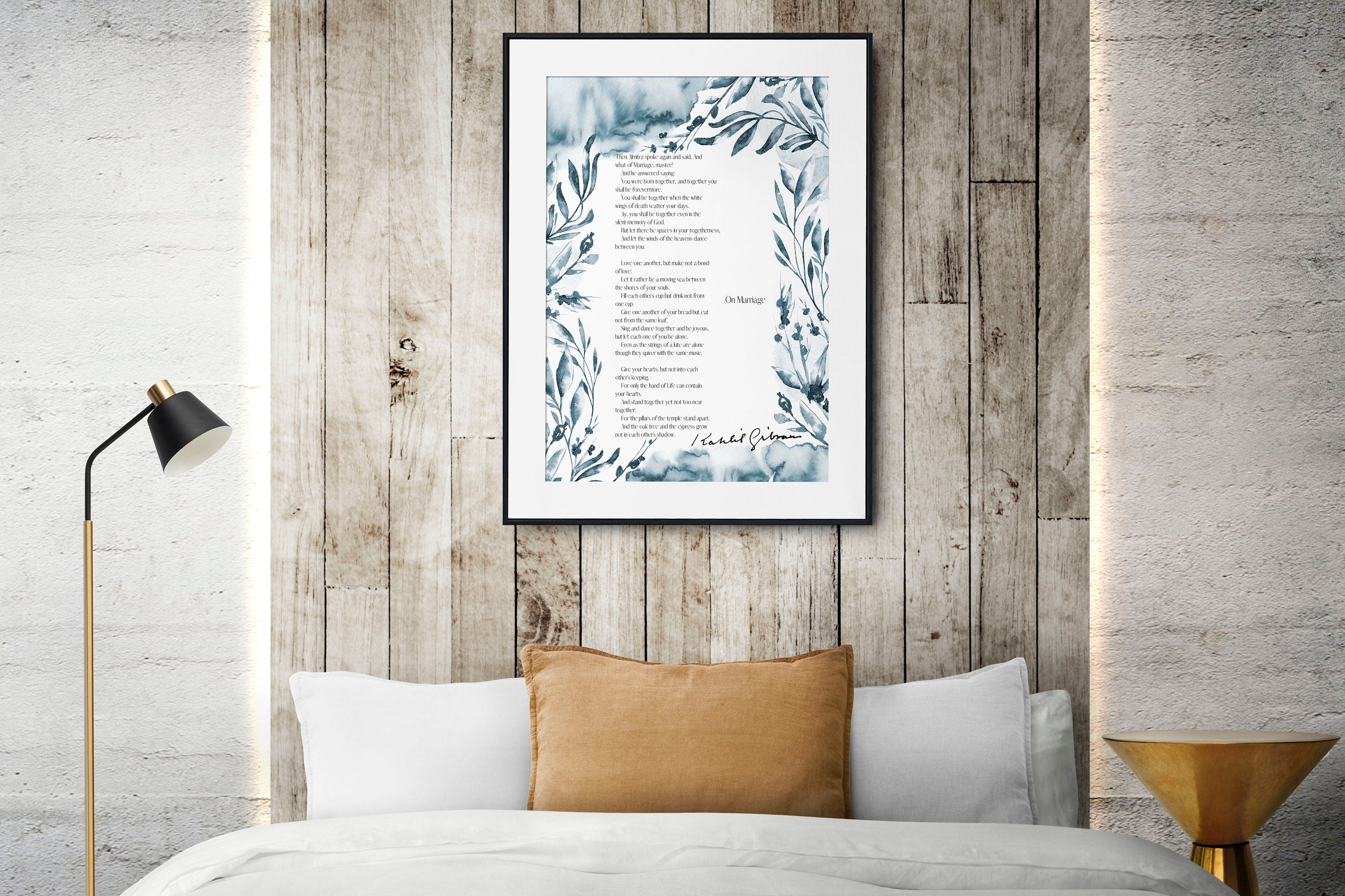 Kahlil Gibran On Marriage Poem Wall Art Print Framed or Unframed with Watercolor Botanical Detail, Love Poetry Literary Wall Art Decor