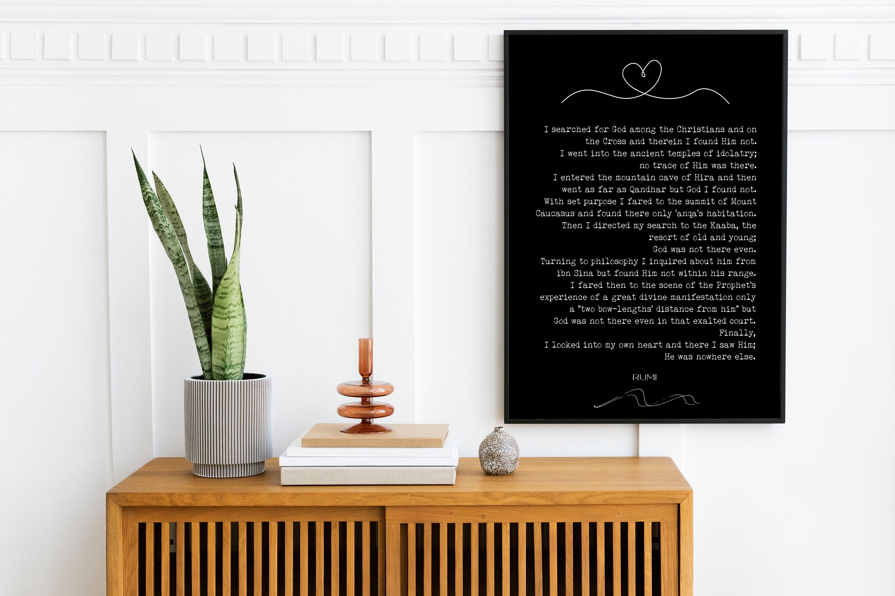 Rumi - I Searched For God Wall Art Prints, Inspirational Black & White Wall Decor, I Looked Into My Own Heart Unframed and Framed Art