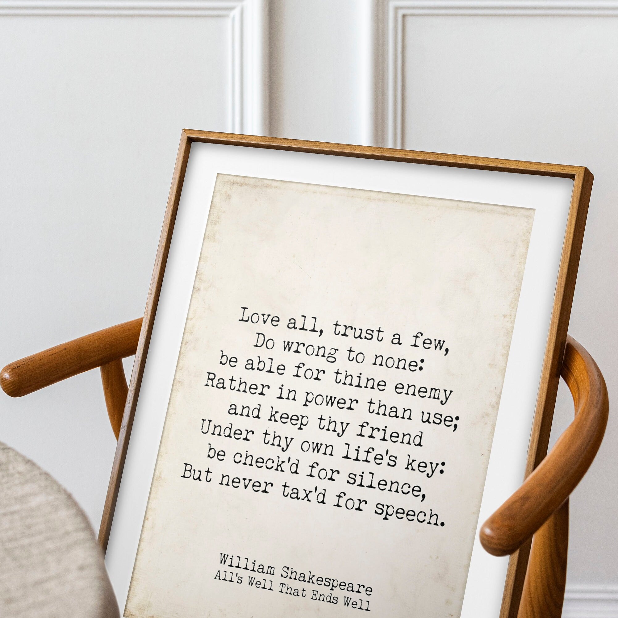 Shakespeare Quote From All's Well That Ends Well, Inspirational Gift Idea, Black and White Wall Art Print, Love all, trust a few